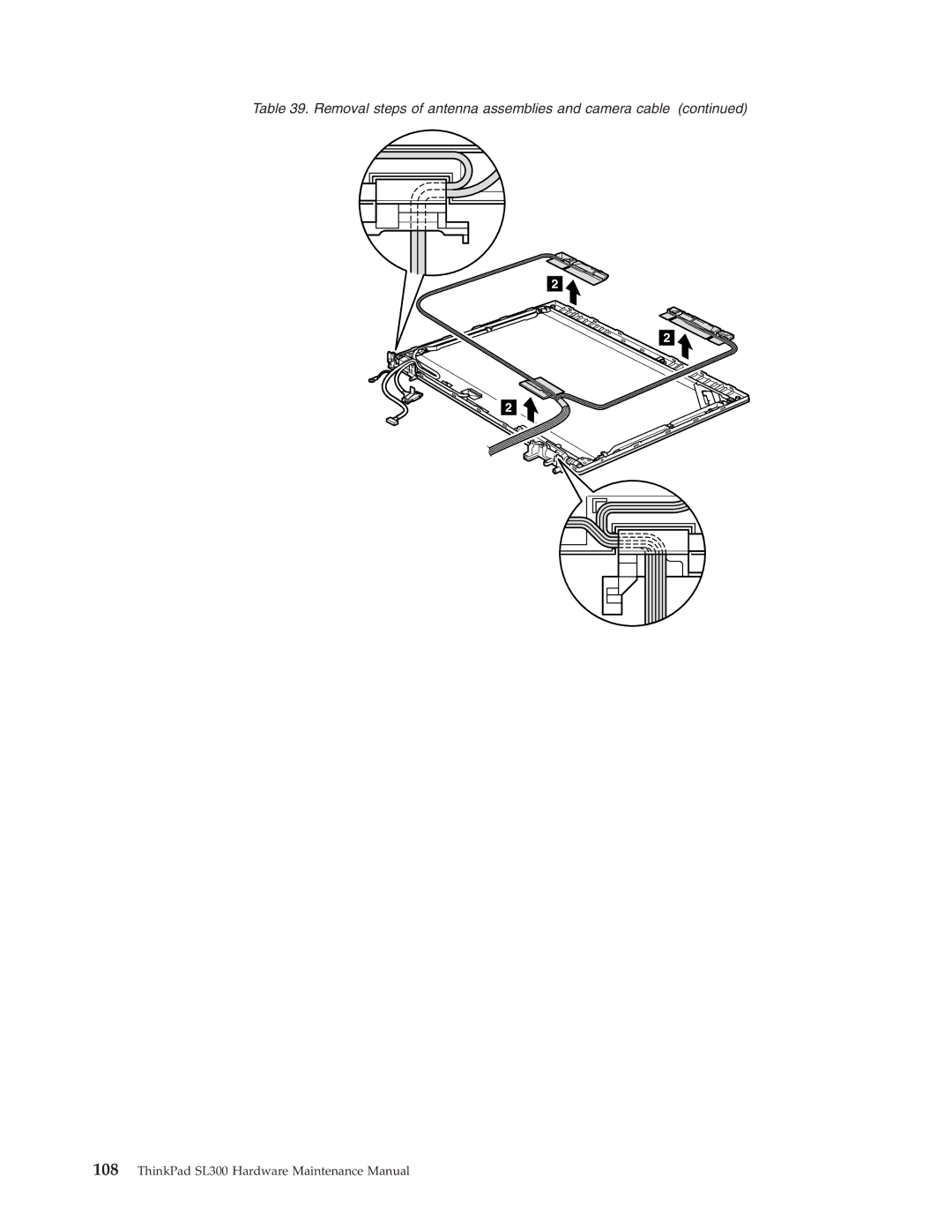 Lenovo SL300 manual Removal steps of antenna assemblies and camera cable 