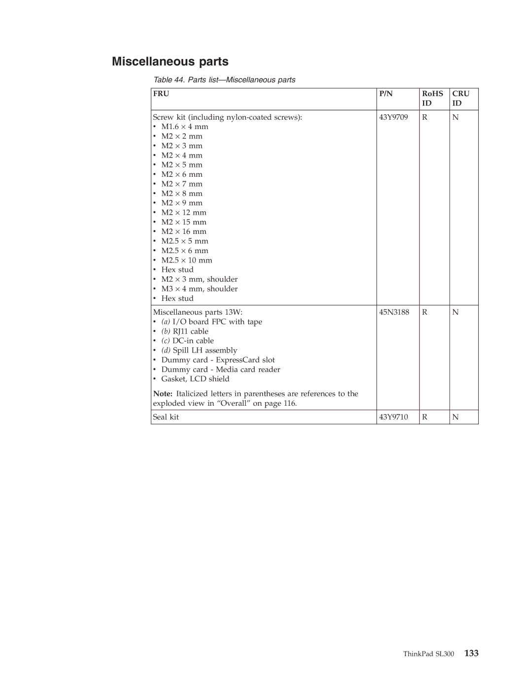 Lenovo SL300 manual Miscellaneous parts 