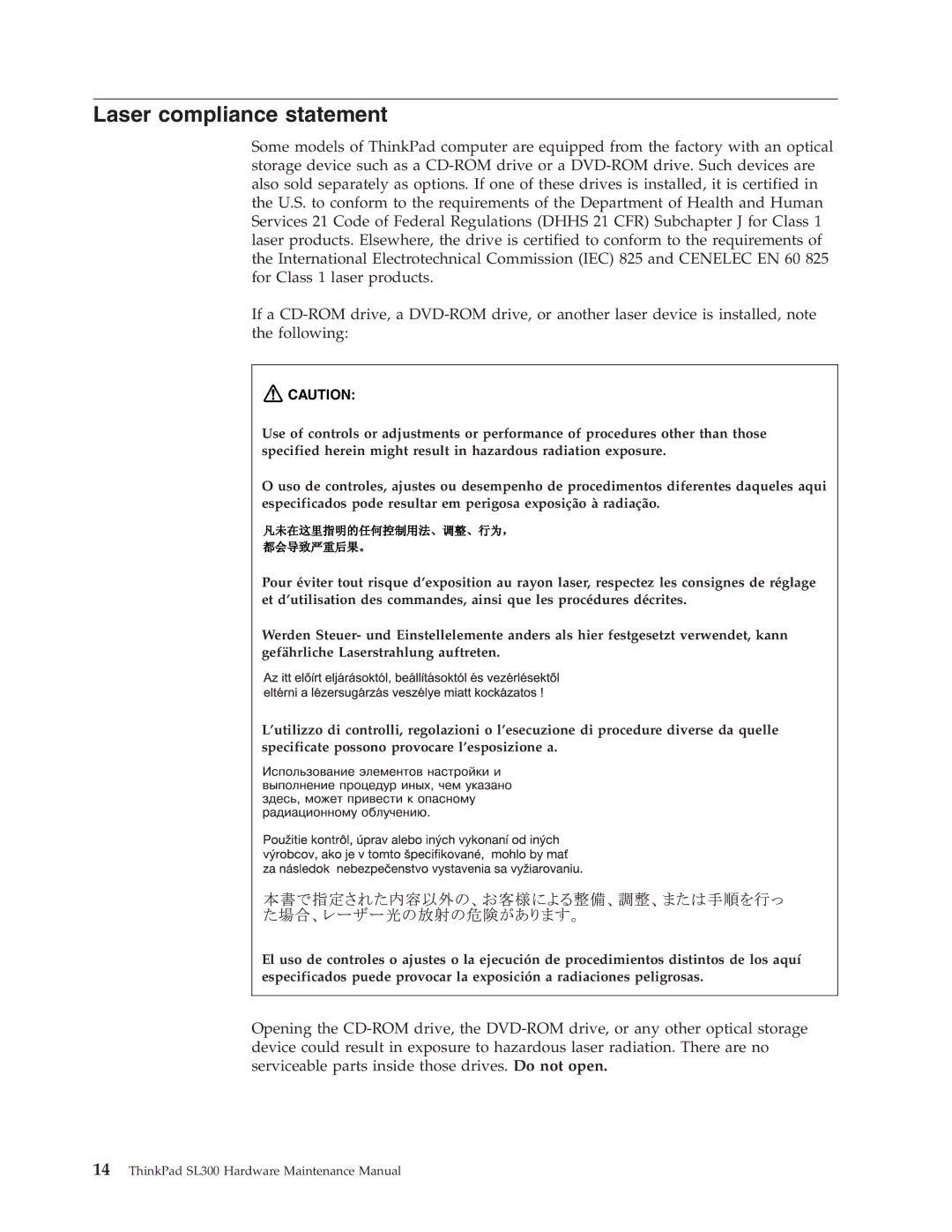 Lenovo SL300 manual Laser compliance statement 