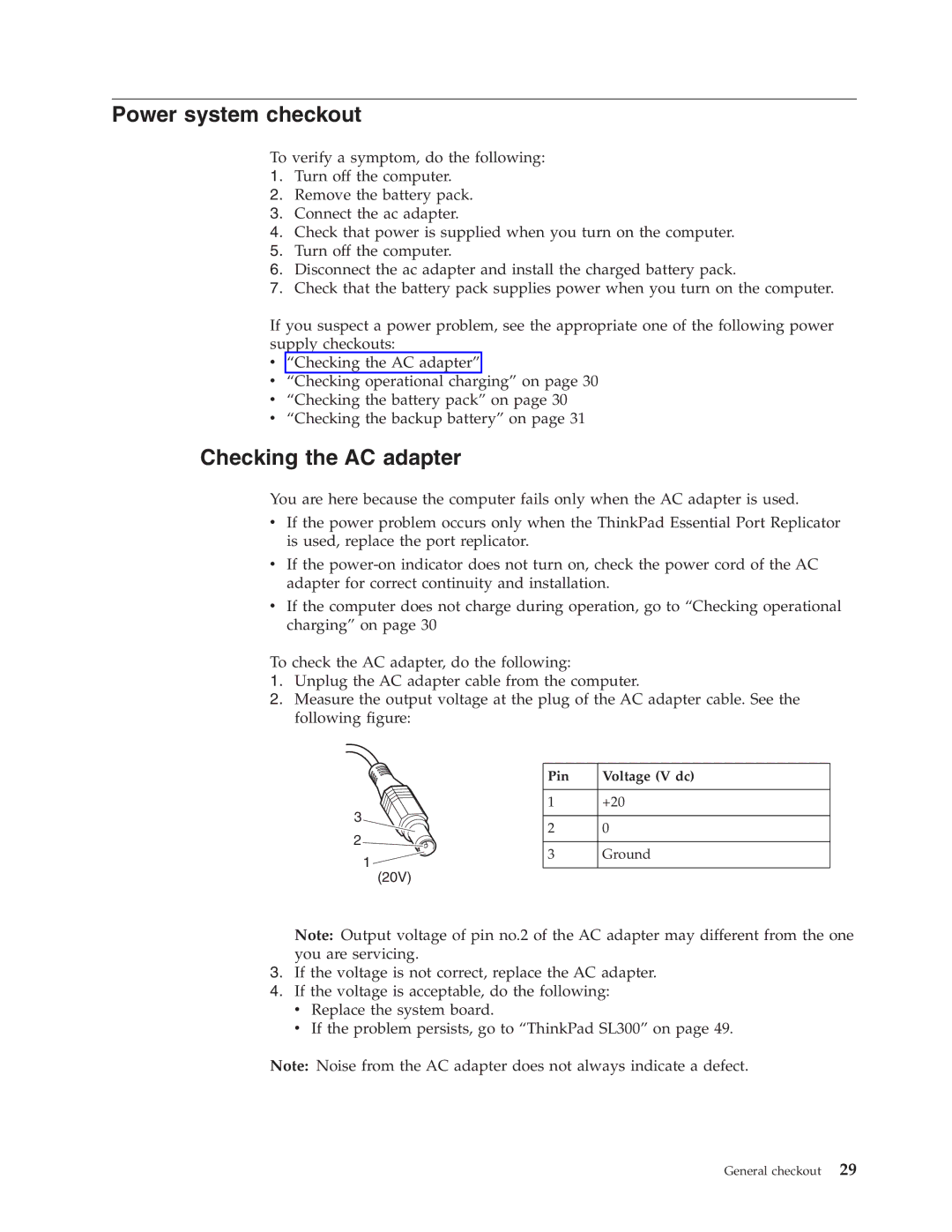 Lenovo SL300 manual Power system checkout, Checking the AC adapter 