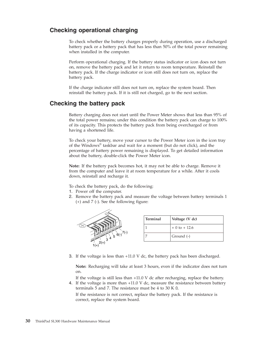 Lenovo SL300 manual Checking operational charging, Checking the battery pack 