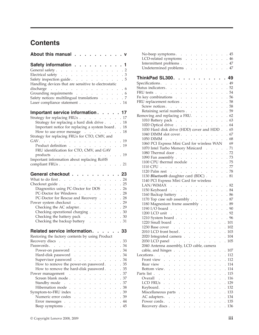 Lenovo SL300 manual Contents 