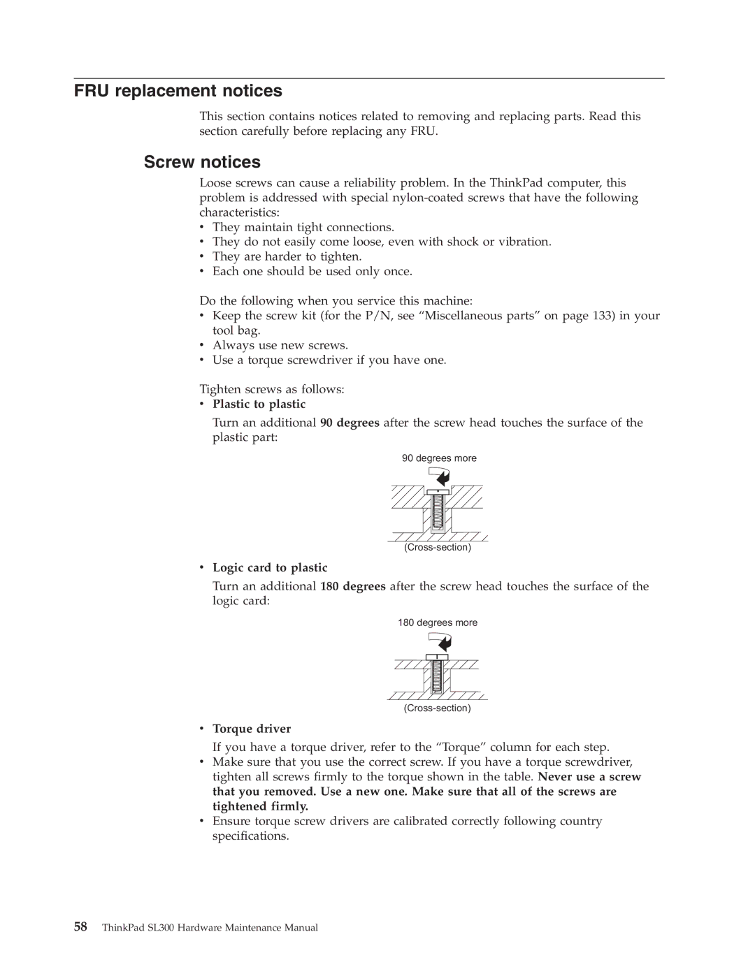 Lenovo SL300 manual FRU replacement notices, Screw notices, Plastic to plastic, Logic card to plastic, Torque driver 