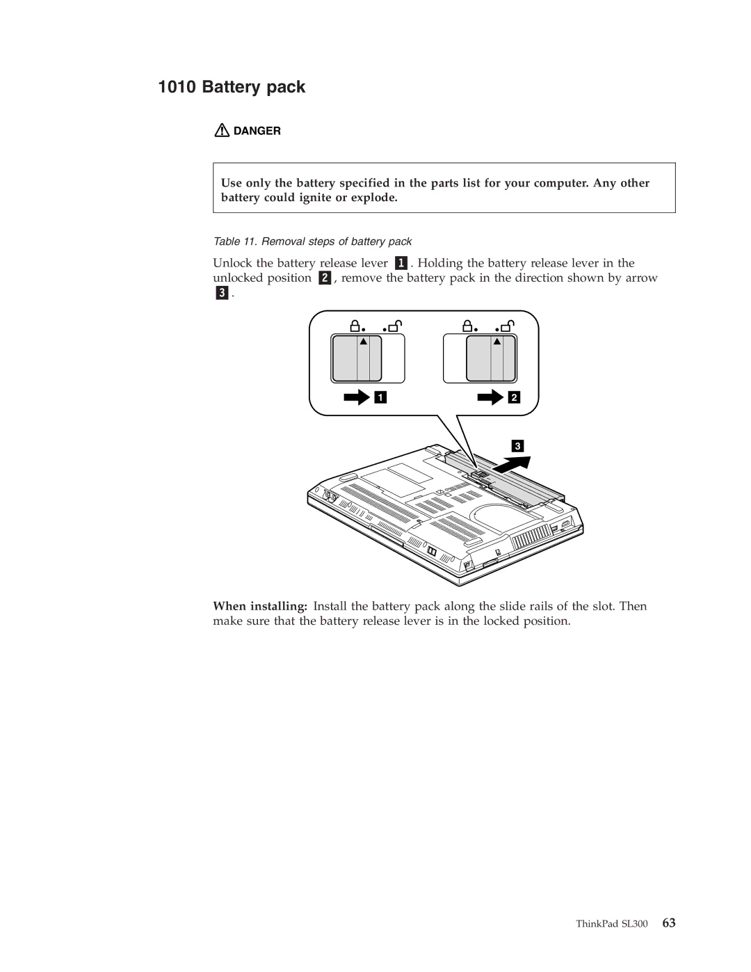 Lenovo SL300 manual Battery pack 