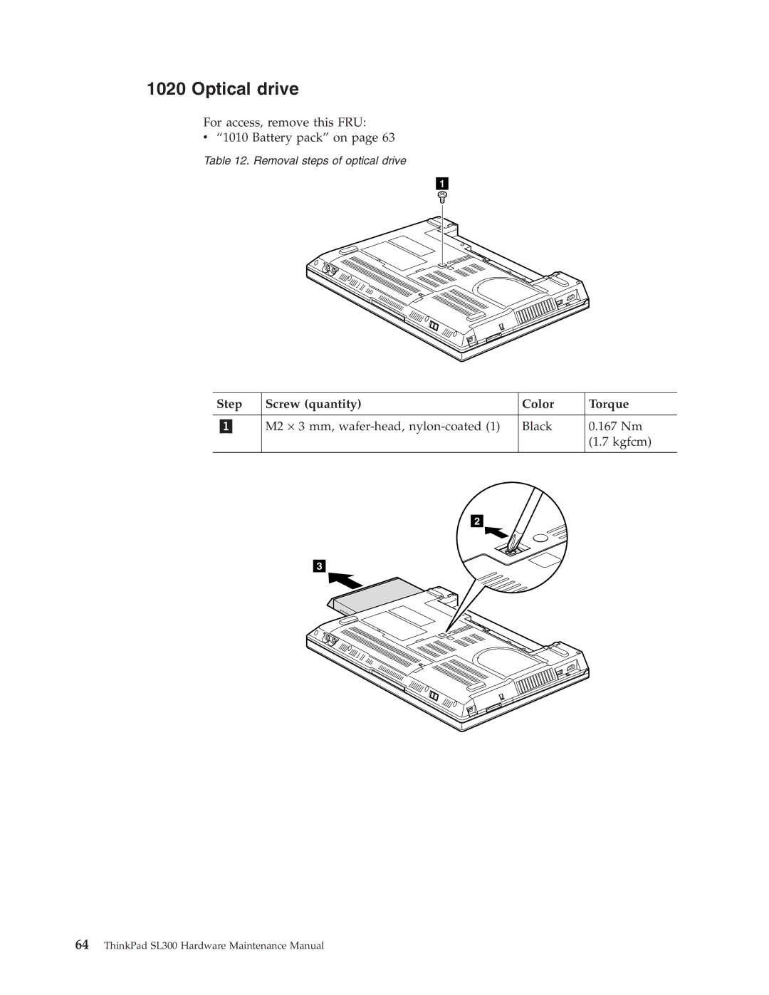 Lenovo SL300 manual Optical drive, Step Screw quantity Color Torque 