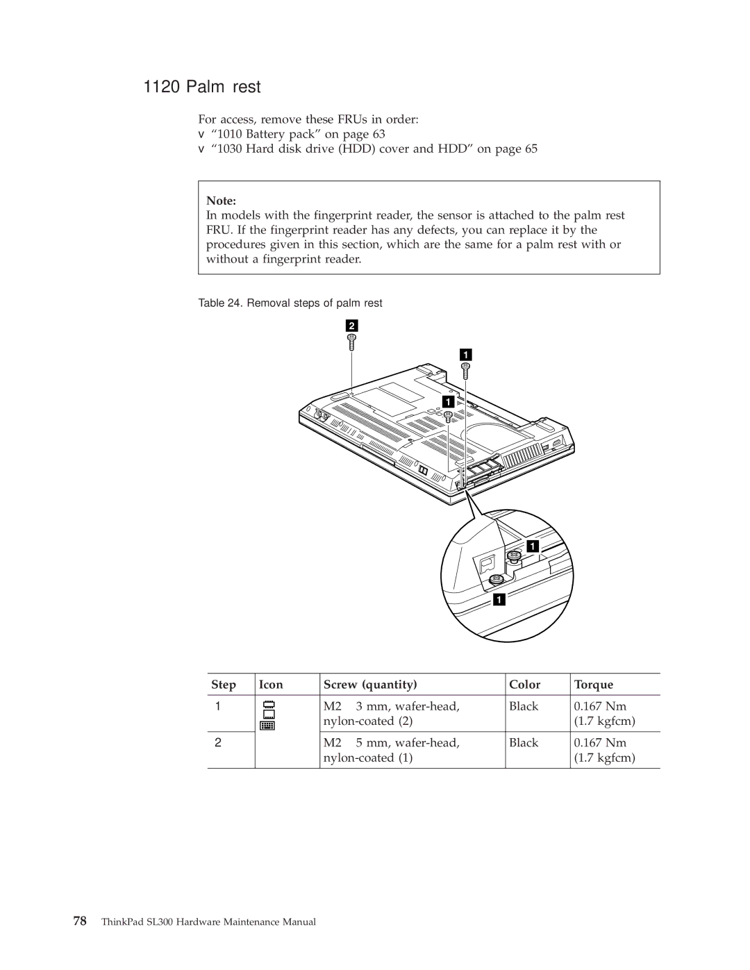 Lenovo SL300 manual Palm rest, Step Icon Screw quantity Color Torque 