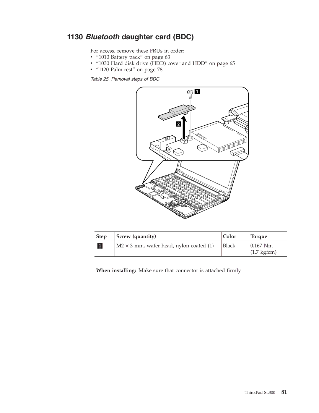 Lenovo SL300 manual Bluetooth daughter card BDC, Step Screw quantity Color Torque 