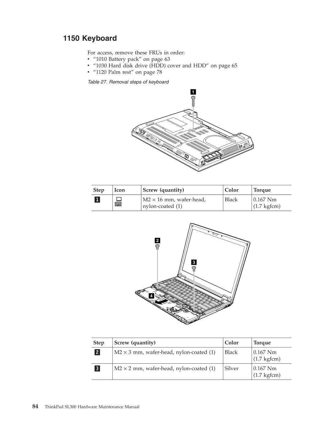 Lenovo SL300 manual Keyboard, Step Icon Screw quantity Color Torque 