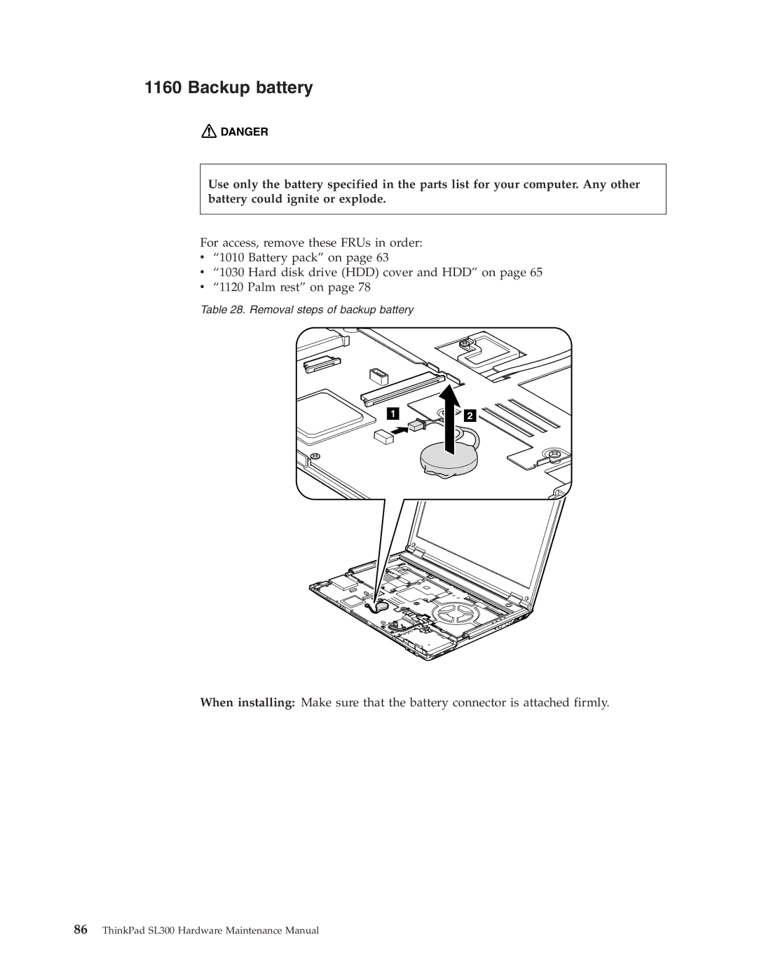 Lenovo SL300 manual Backup battery 