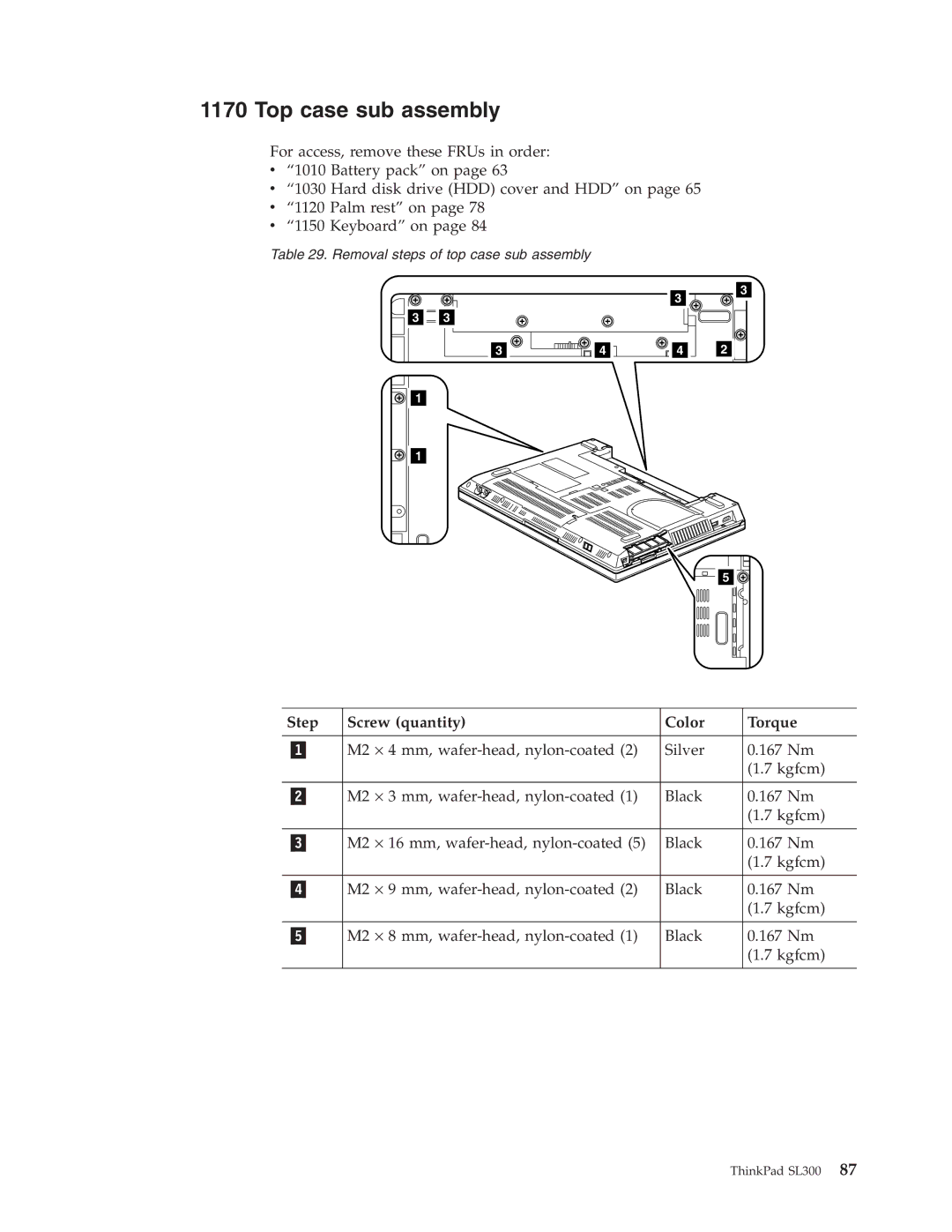 Lenovo SL300 manual Top case sub assembly, Step Screw quantity Color Torque 