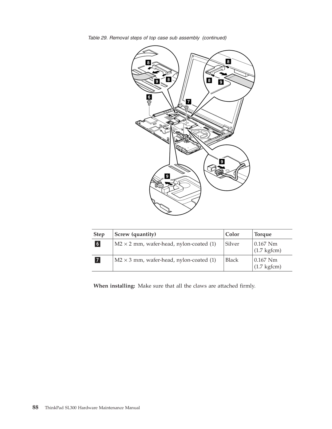 Lenovo SL300 manual Step Screw quantity Color Torque 