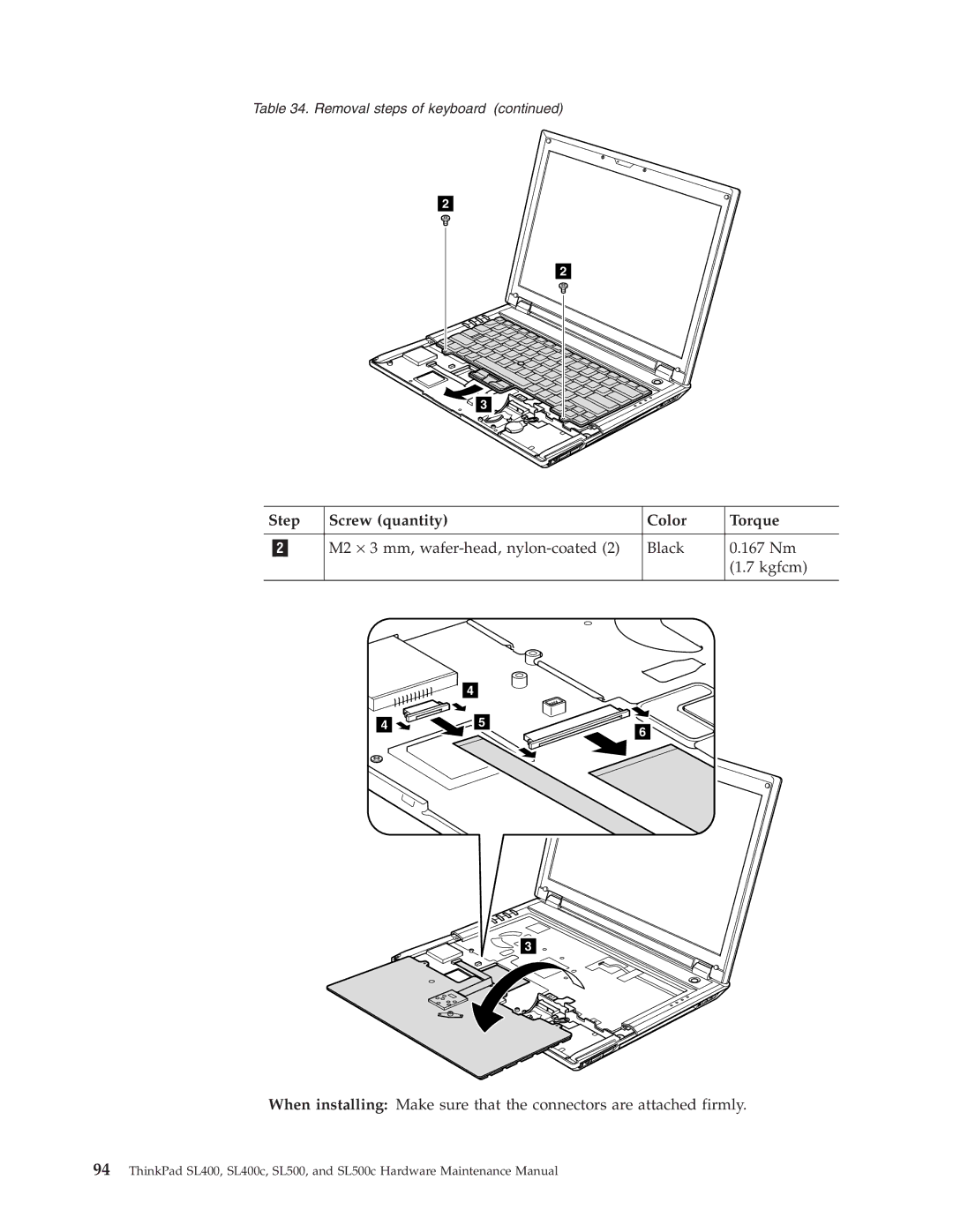 Lenovo SL500c, SL400c manual Step Screw quantity Color Torque 