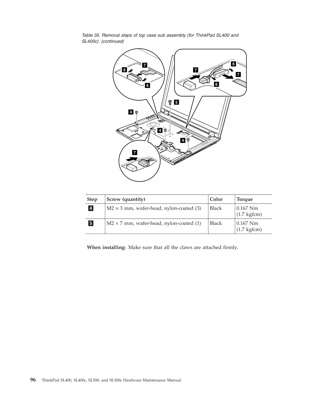 Lenovo SL500c, SL400c manual Step Screw quantity Color Torque 