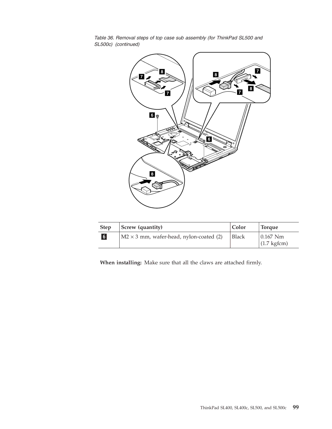 Lenovo SL400c, SL500c manual Step Screw quantity Color Torque 