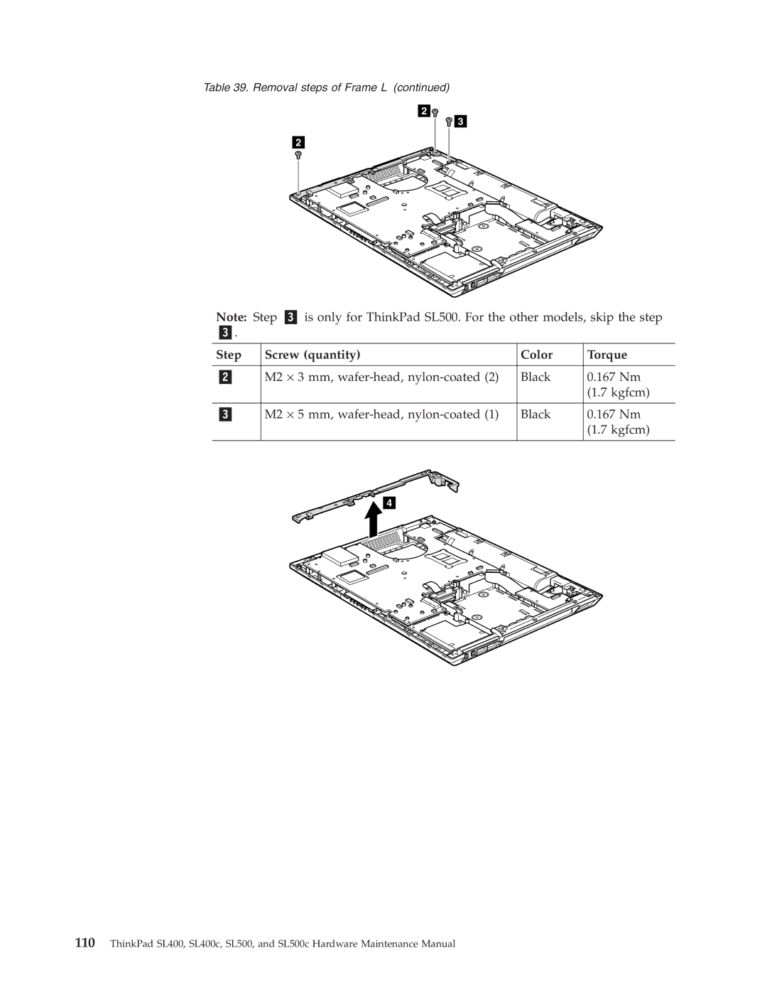 Lenovo SL500c, SL400c manual Step Screw quantity Color Torque 