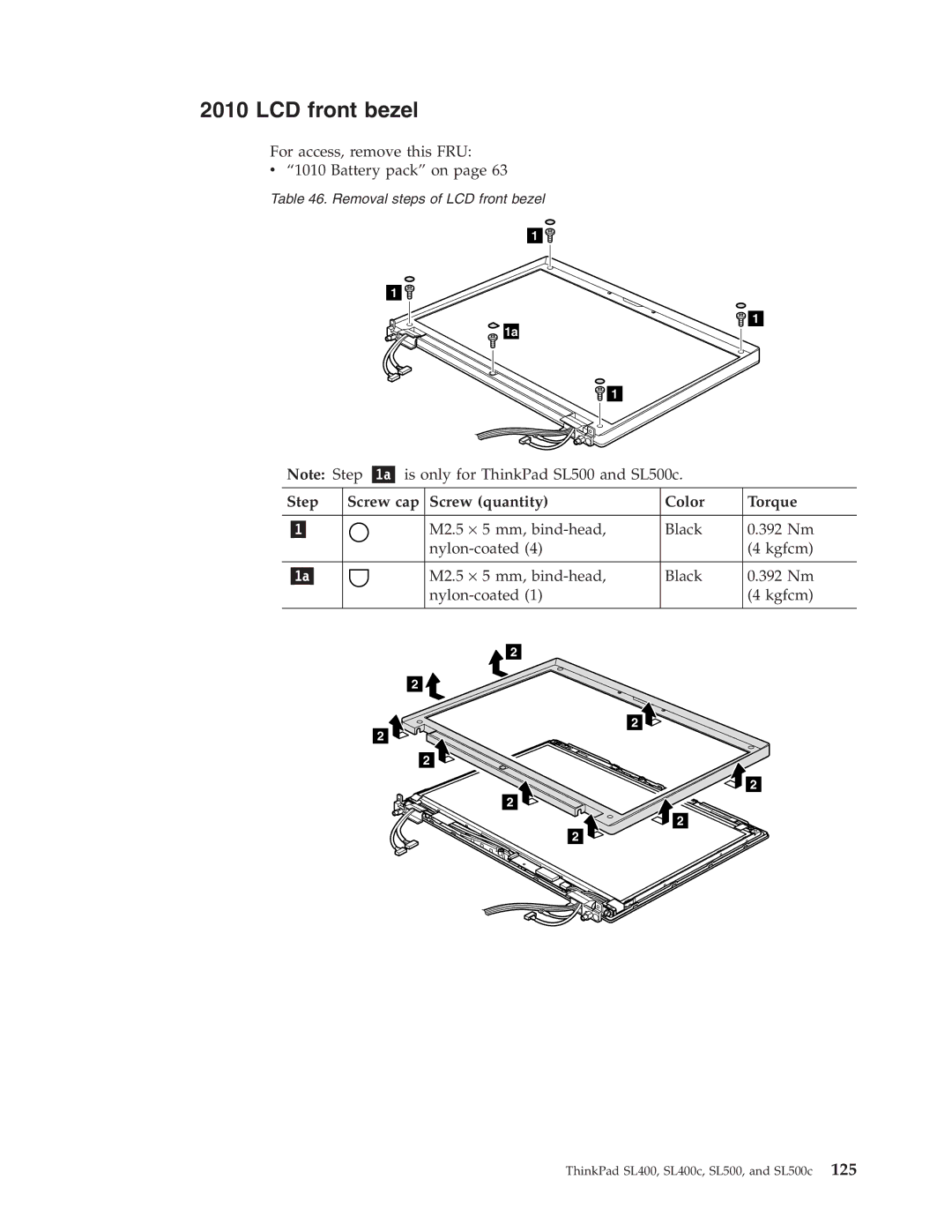 Lenovo SL400c, SL500c manual LCD front bezel, Step Screw cap Screw quantity Color Torque 