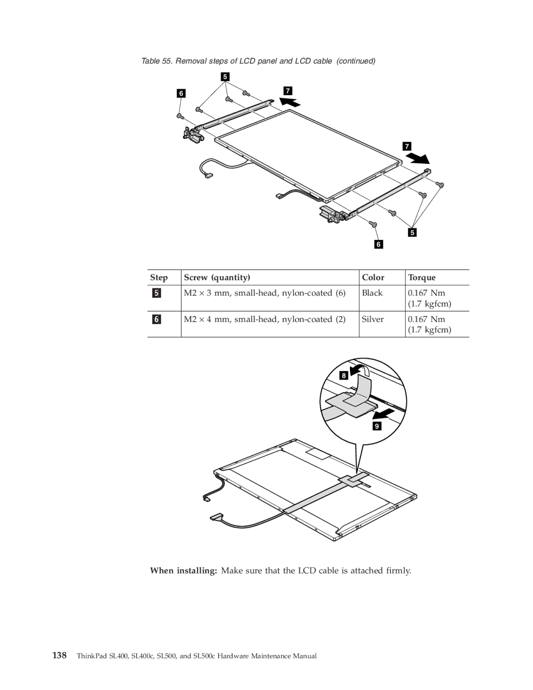 Lenovo SL500c, SL400c manual Step Screw quantity Color Torque 