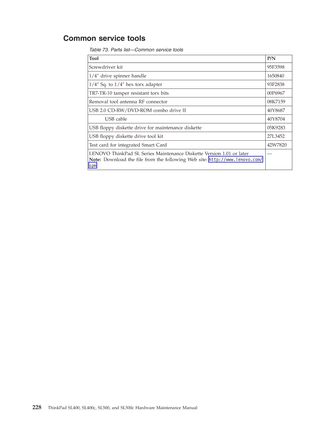 Lenovo SL500c, SL400c manual Common service tools, Tool 