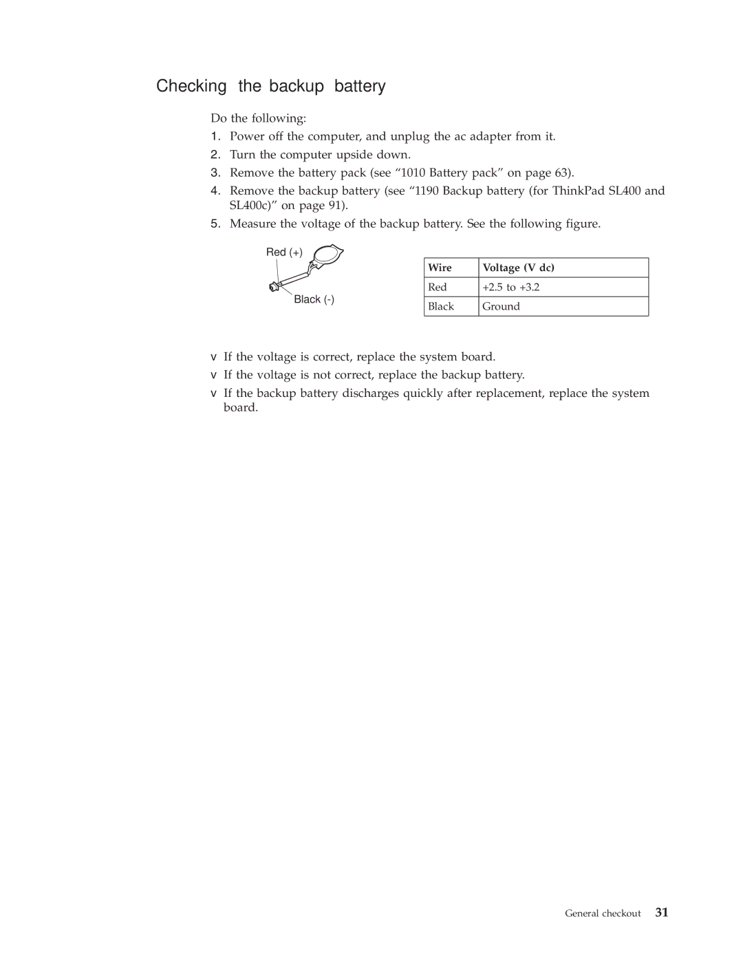 Lenovo SL400c, SL500c manual Checking the backup battery, Wire Voltage V dc 