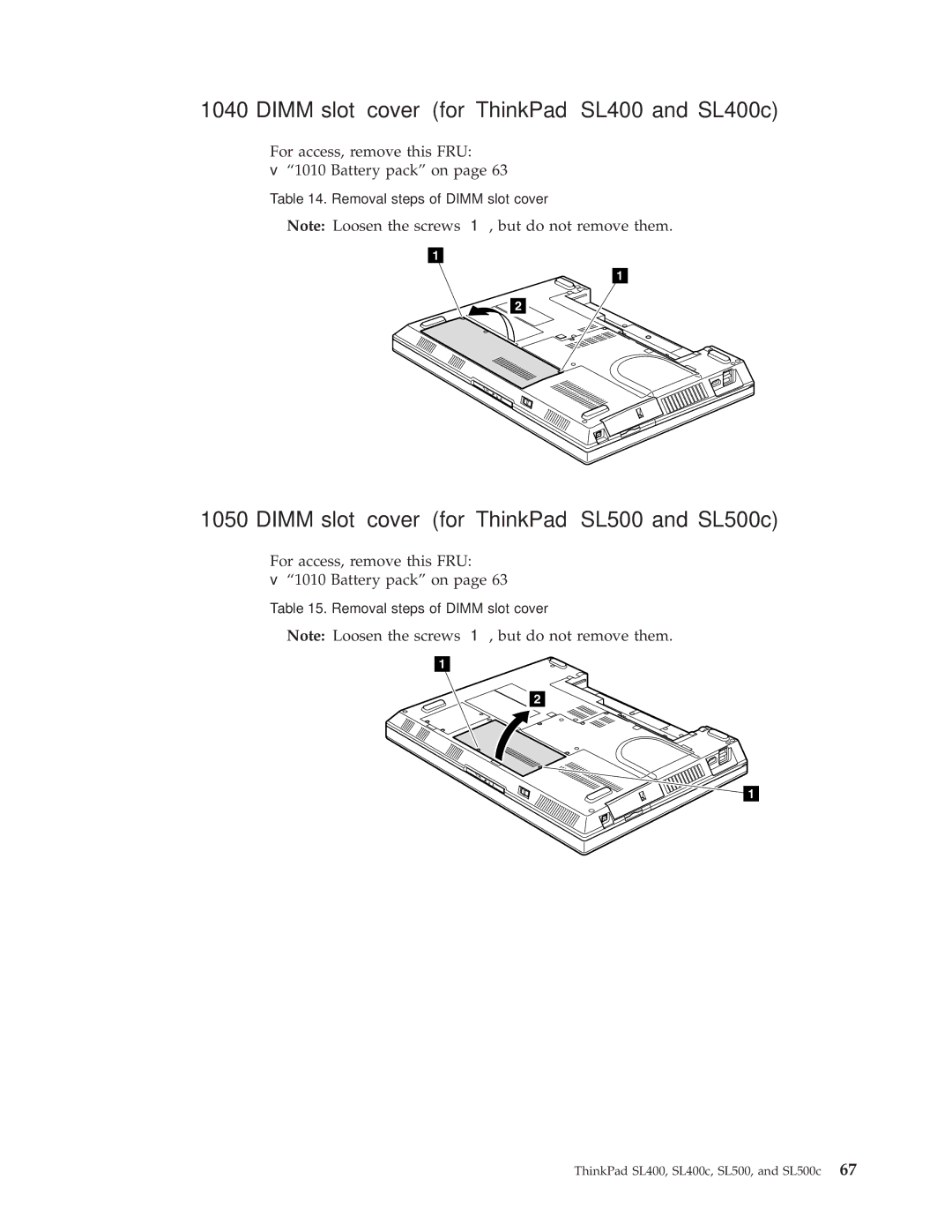 Lenovo manual Dimm slot cover for ThinkPad SL400 and SL400c, Dimm slot cover for ThinkPad SL500 and SL500c 