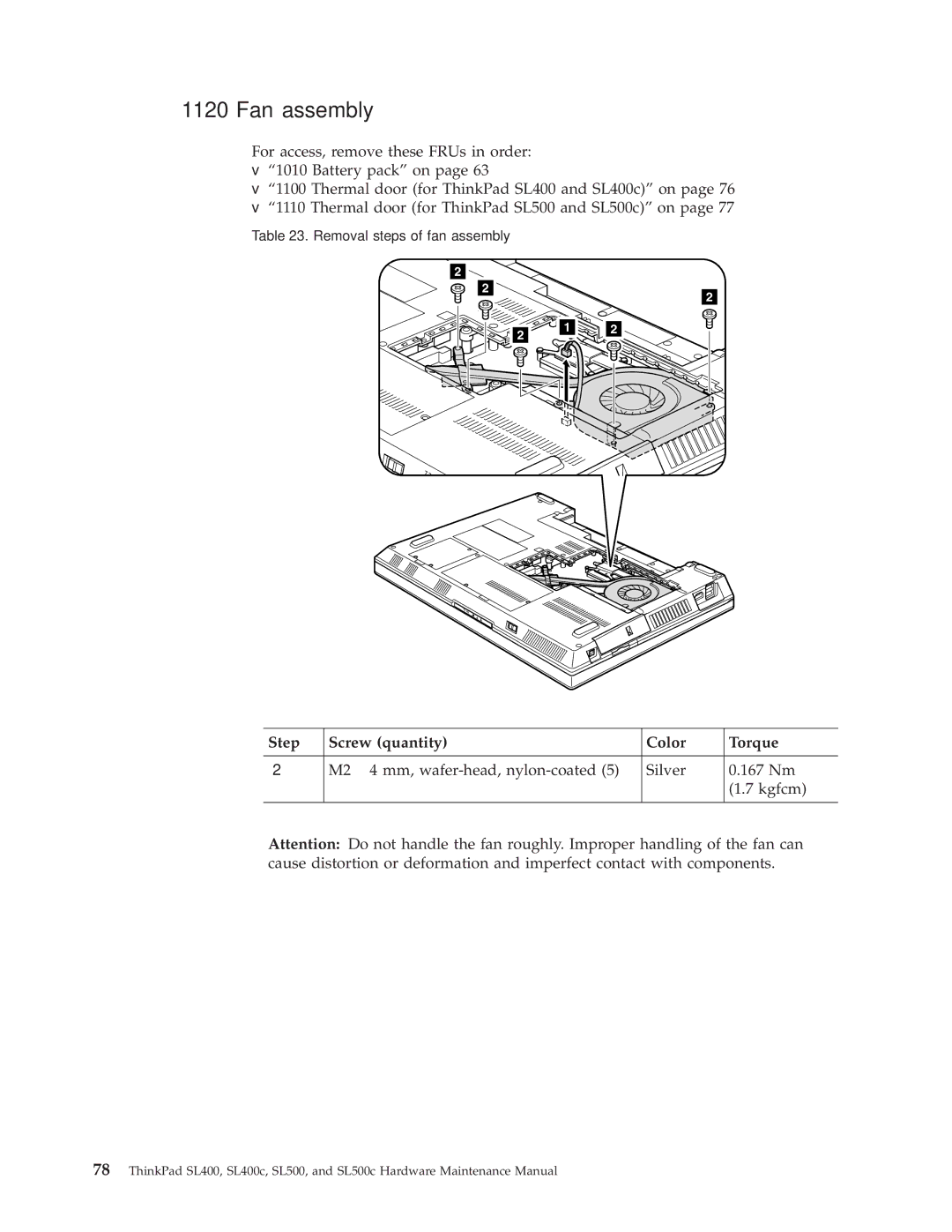 Lenovo SL500c, SL400c manual Fan assembly, M2 ⋅ 4 mm, wafer-head, nylon-coated Silver 167 Nm Kgfcm 