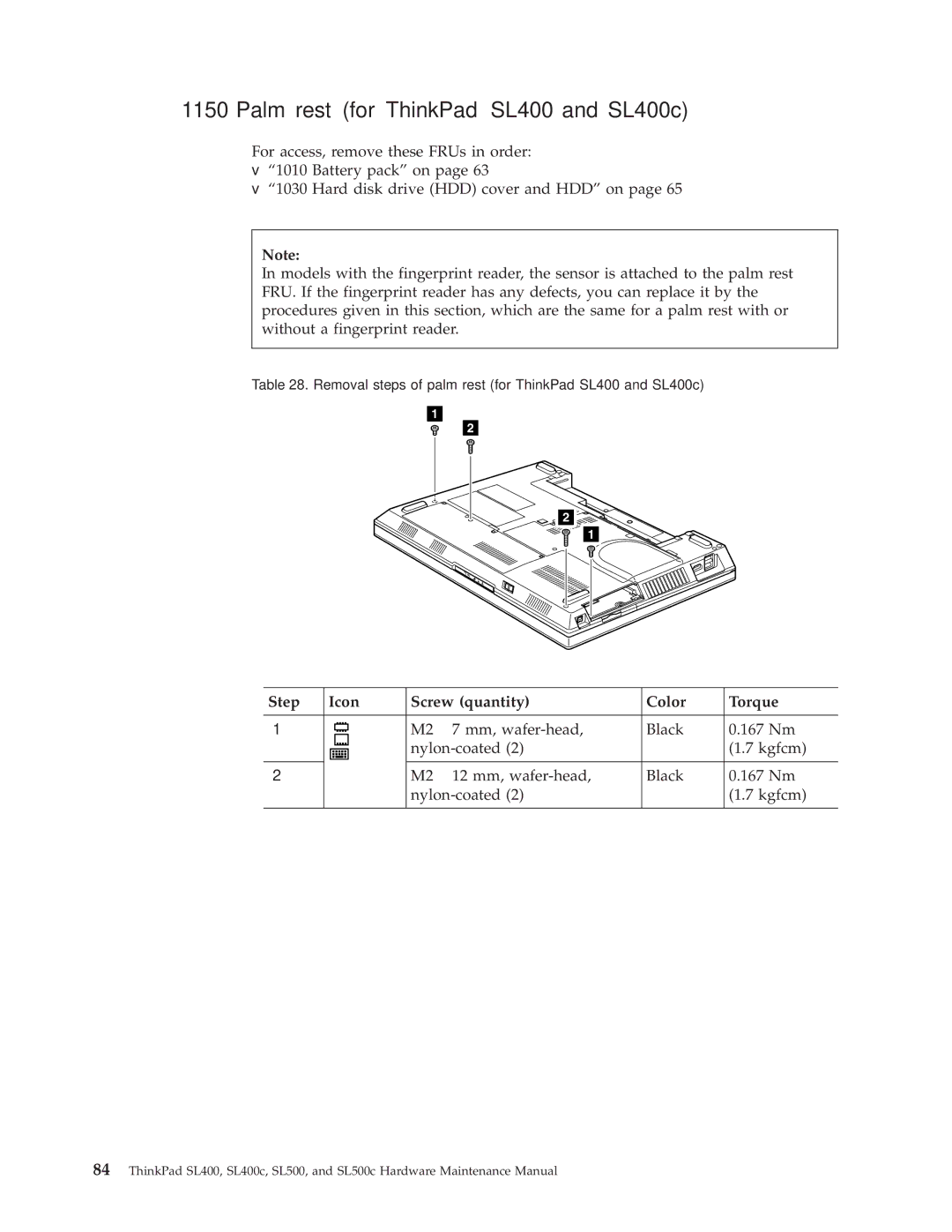 Lenovo SL500c manual Palm rest for ThinkPad SL400 and SL400c, Step Icon Screw quantity Color Torque 