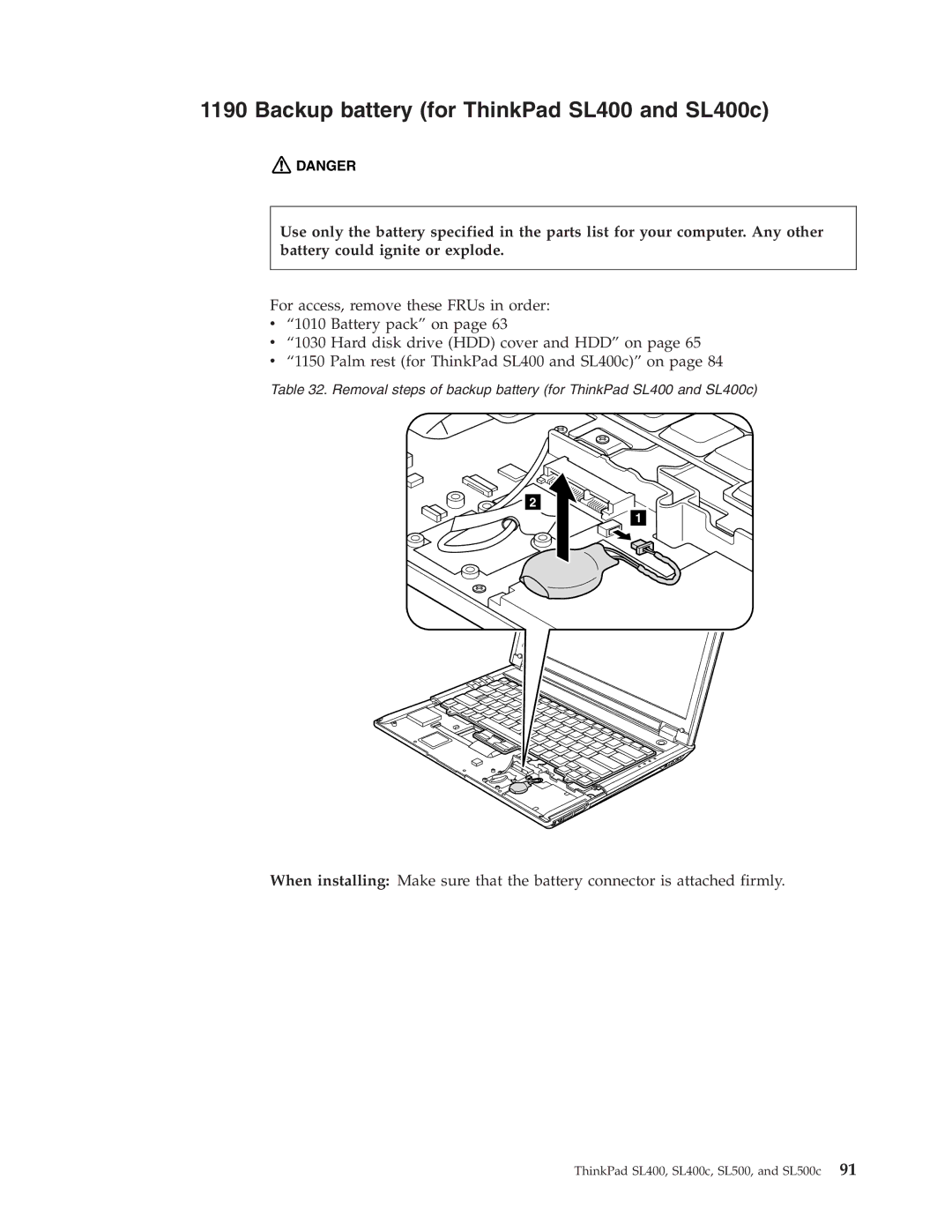 Lenovo SL500c manual Backup battery for ThinkPad SL400 and SL400c 