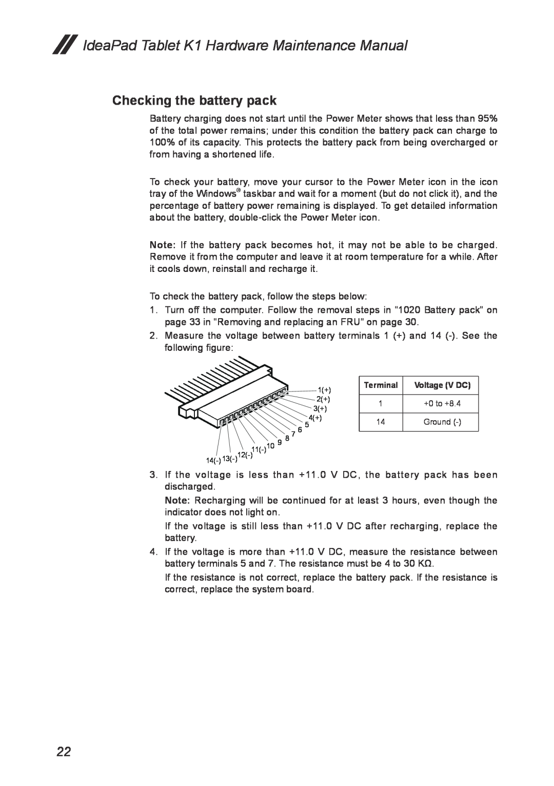 Lenovo T20x2-1, 1304XF8 manual Checking the battery pack, IdeaPad Tablet K1 Hardware Maintenance Manual 