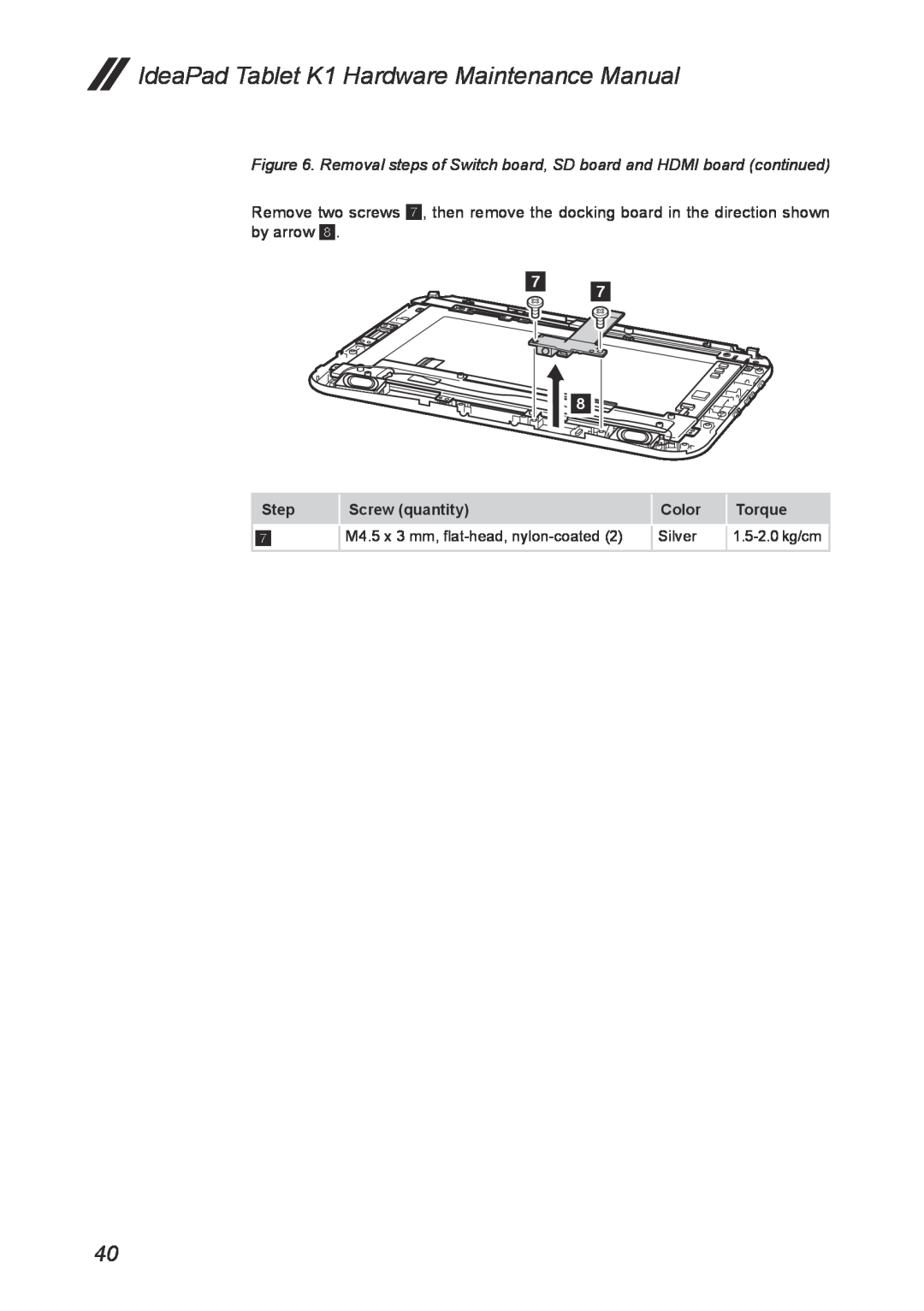 Lenovo T20x2-1, 1304XF8 manual IdeaPad Tablet K1 Hardware Maintenance Manual, Step, Screw quantity, Color, Torque 