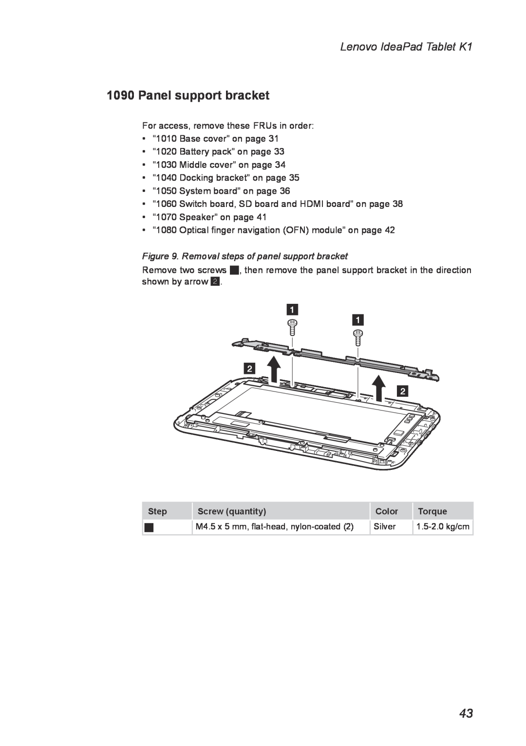 Lenovo T20x2-1, 1304XF8 manual Panel support bracket, Removal steps of panel support bracket, Lenovo IdeaPad Tablet K1 