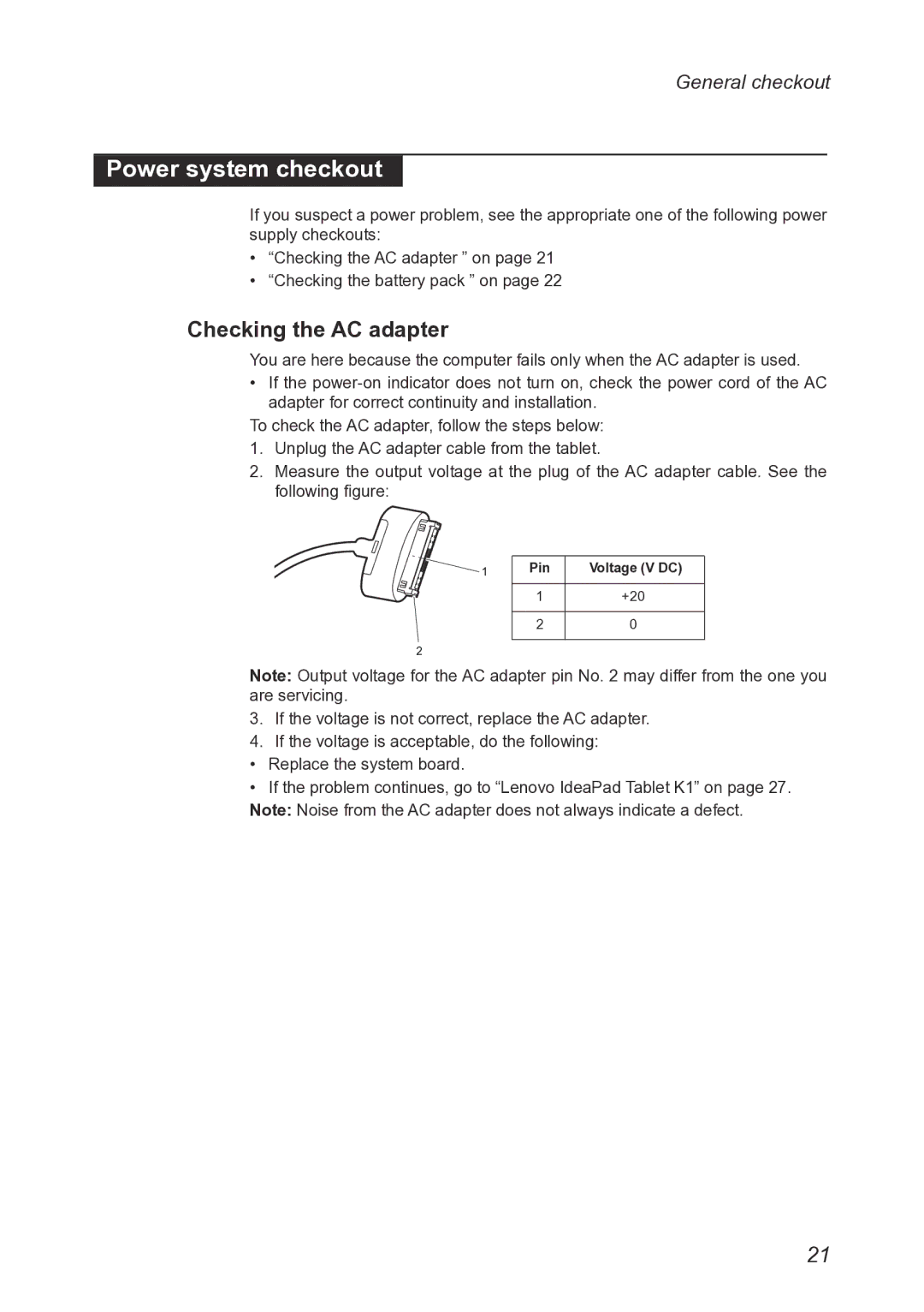 Lenovo 1304XF8, T20x2-1, K1 manual Power system checkout, Checking the AC adapter 