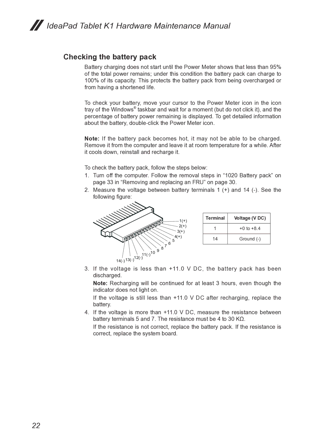 Lenovo K1, T20x2-1, 1304XF8 manual Checking the battery pack 