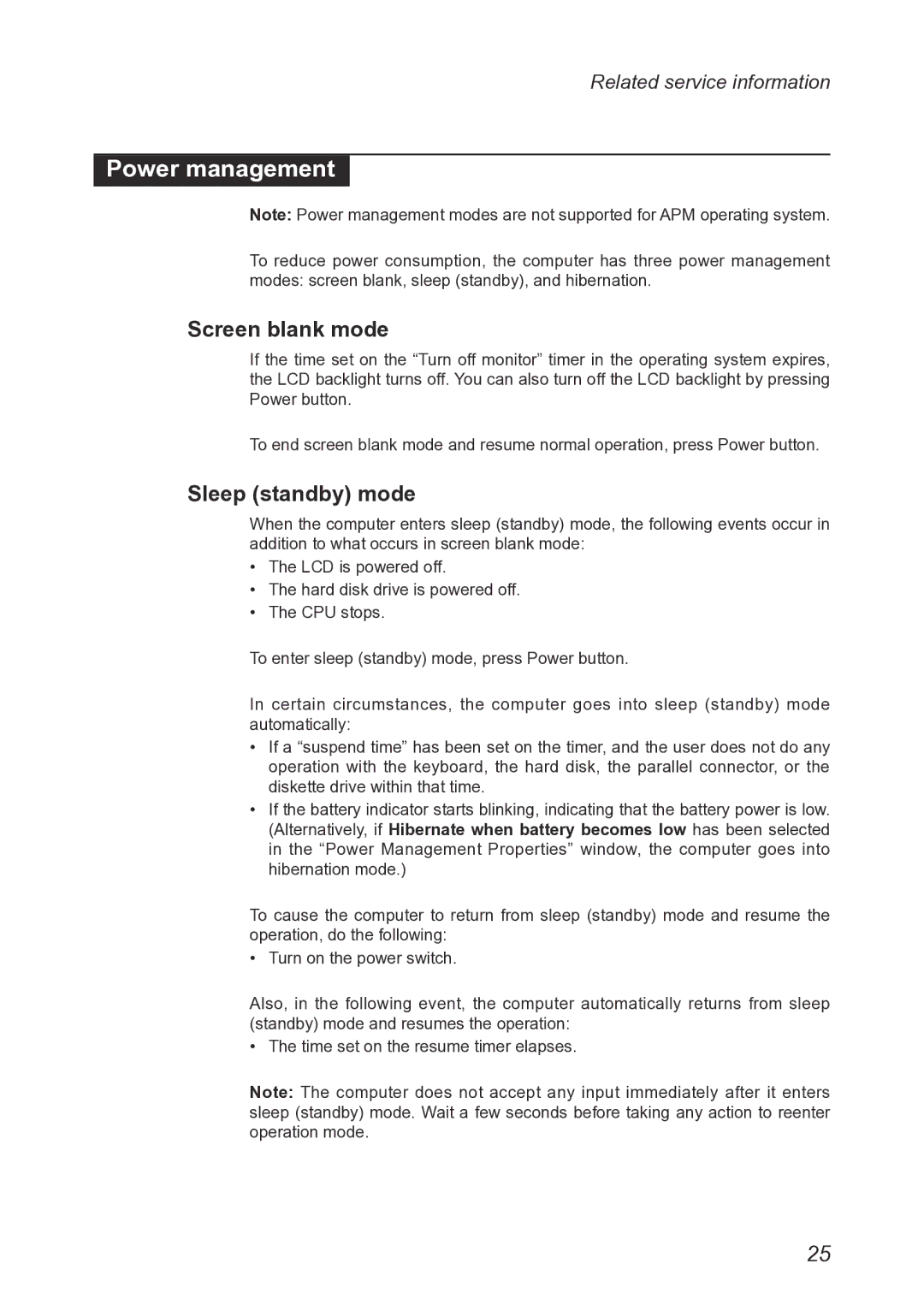 Lenovo K1, T20x2-1, 1304XF8 manual Power management, Screen blank mode, Sleep standby mode 