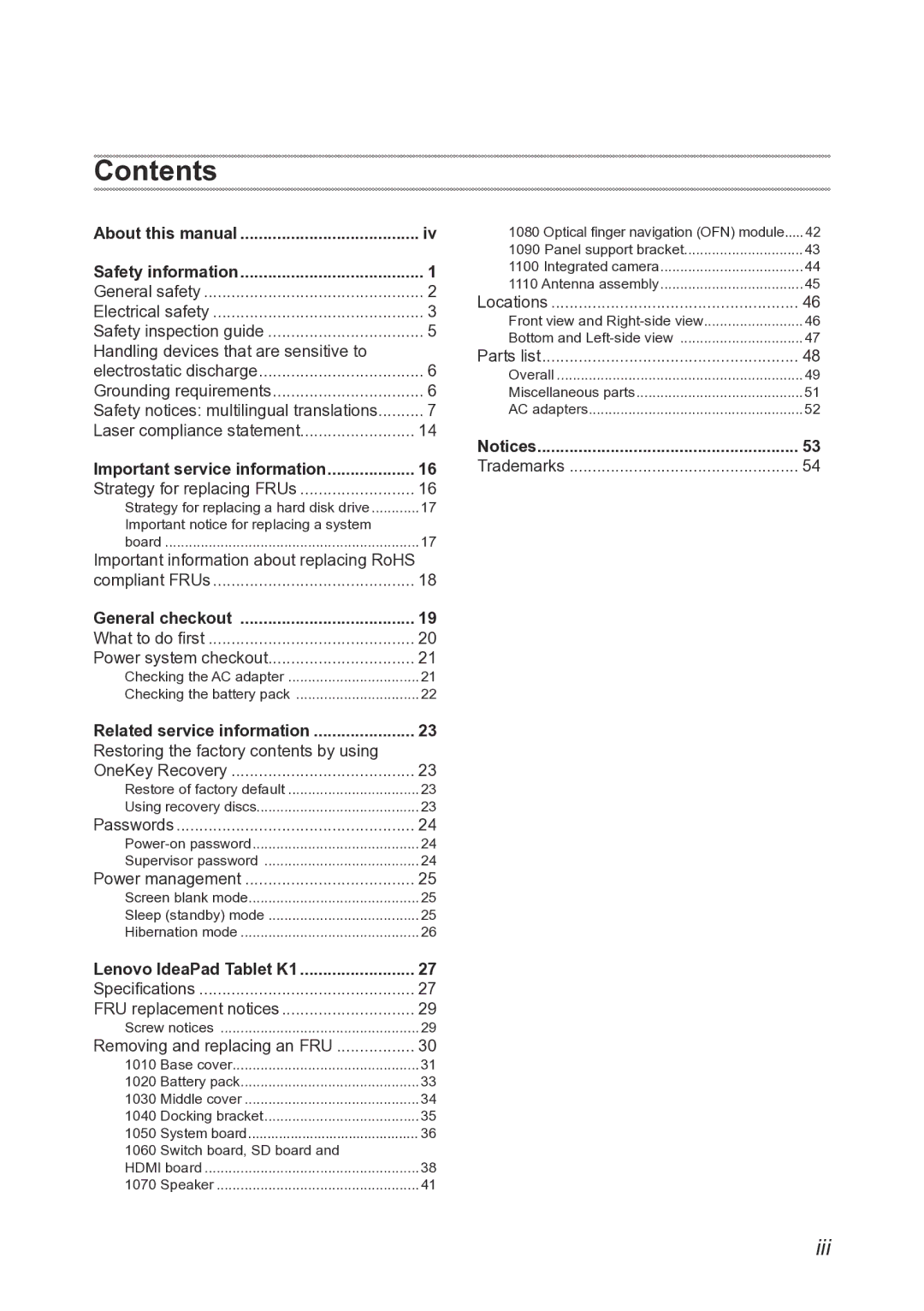 Lenovo T20x2-1, 1304XF8, K1 manual Contents 