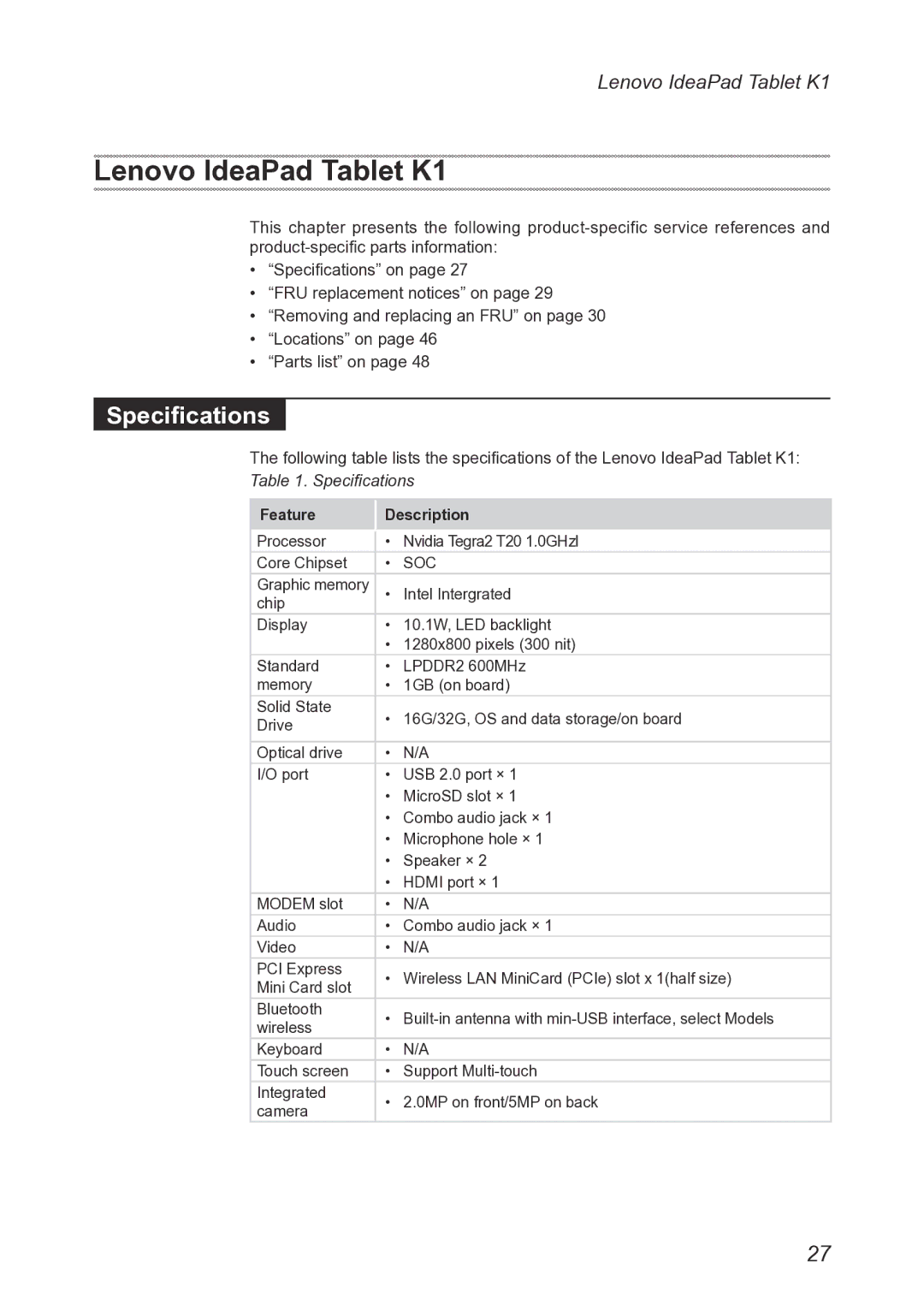 Lenovo 1304XF8, T20x2-1 manual Lenovo IdeaPad Tablet K1, Specifications 