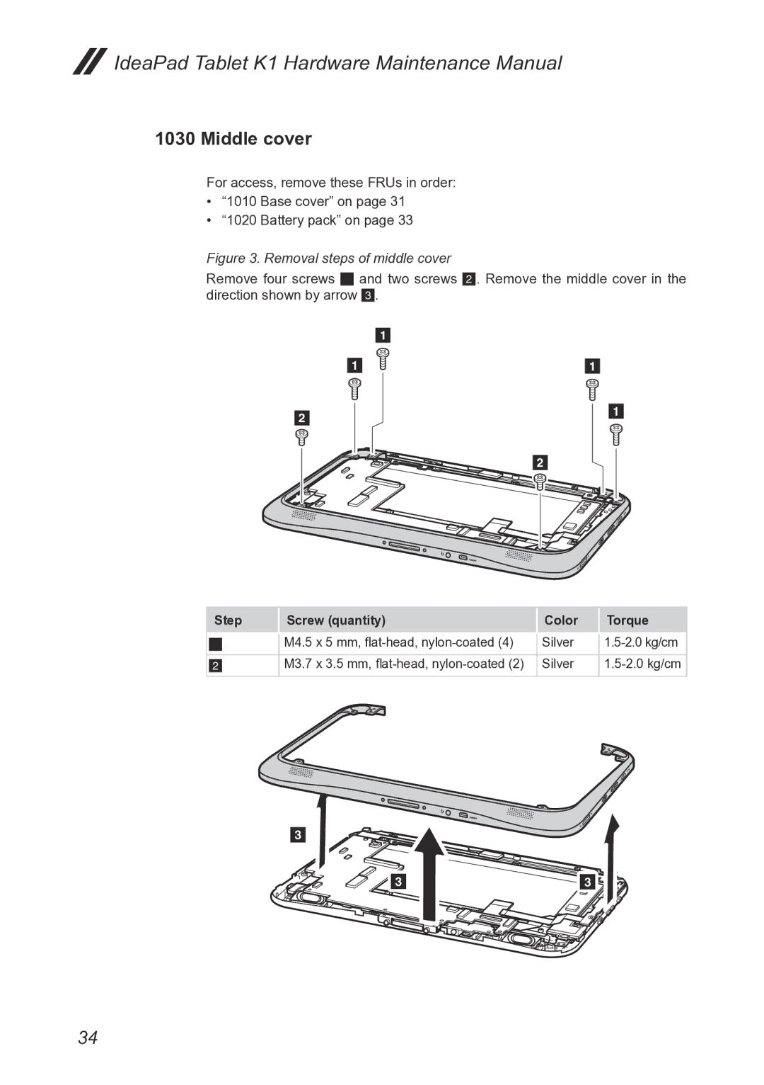 Lenovo K1, T20x2-1, 1304XF8 manual Middle cover, Removal steps of middle cover 