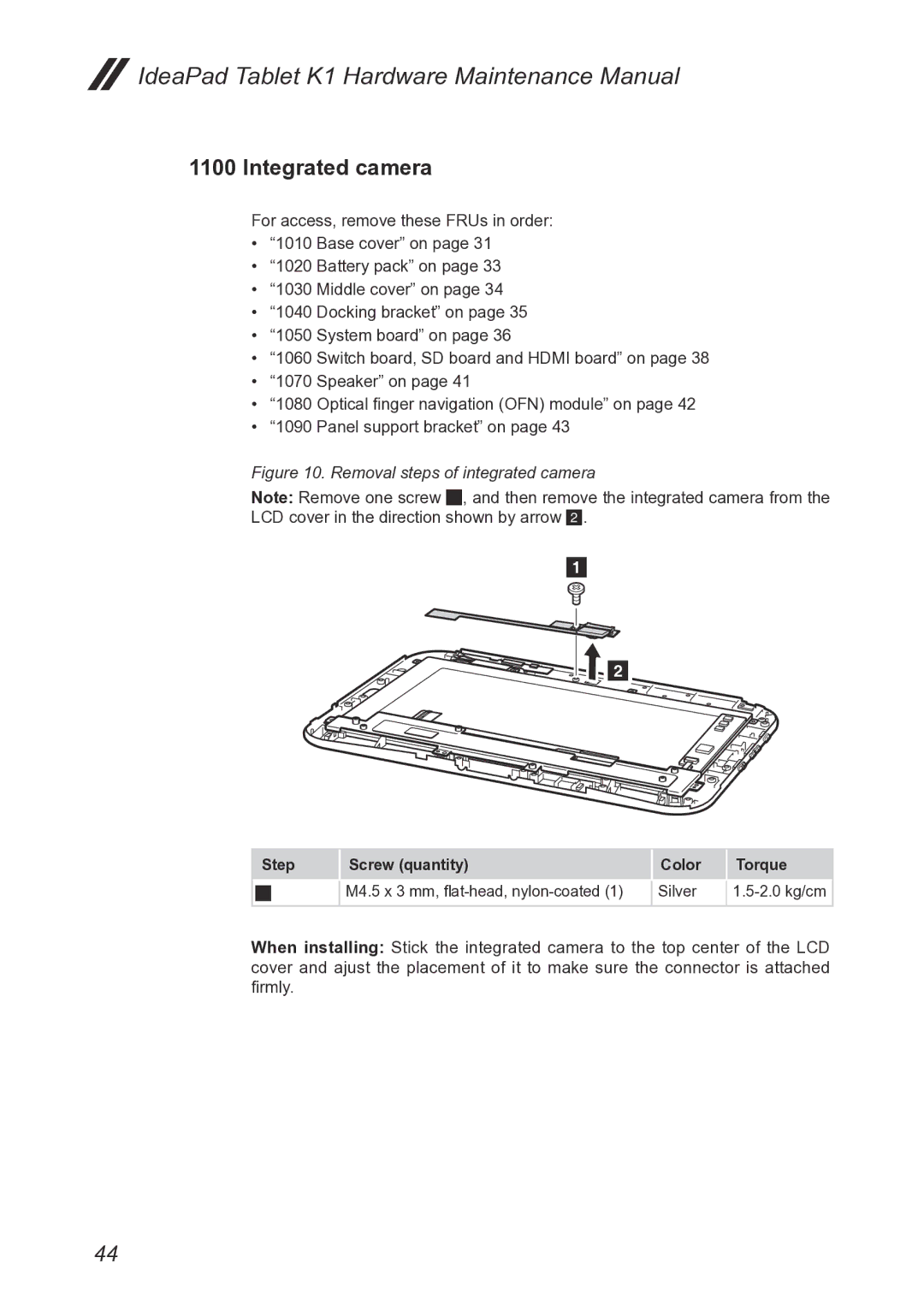 Lenovo T20x2-1, 1304XF8, K1 manual Integrated camera, Removal steps of integrated camera 