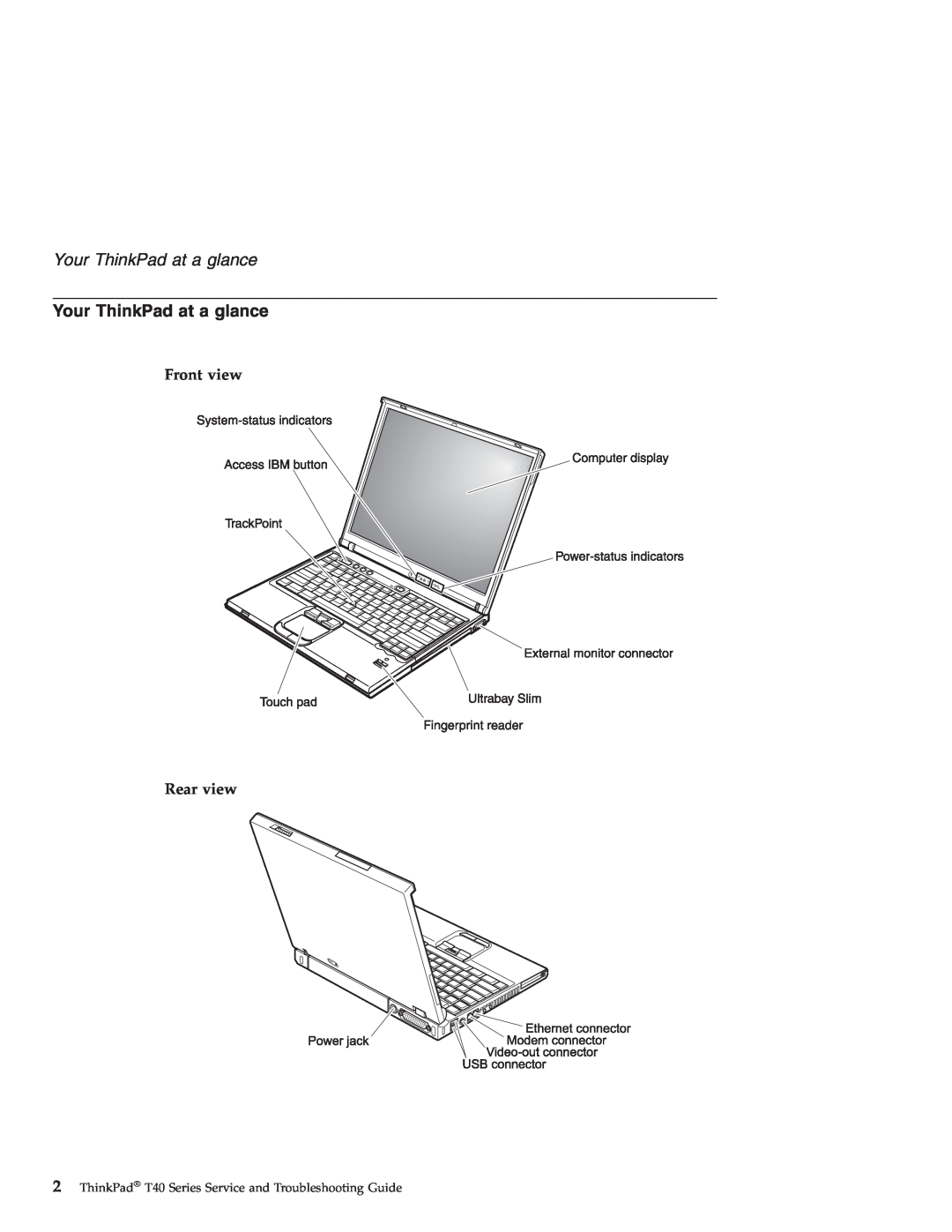 Lenovo T40 manual Your ThinkPad at a glance, Front view Rear view 