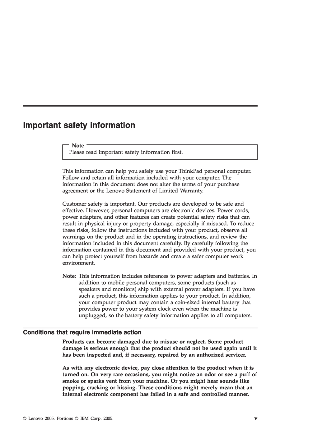 Lenovo T40 manual Important safety information, Conditions that require immediate action 