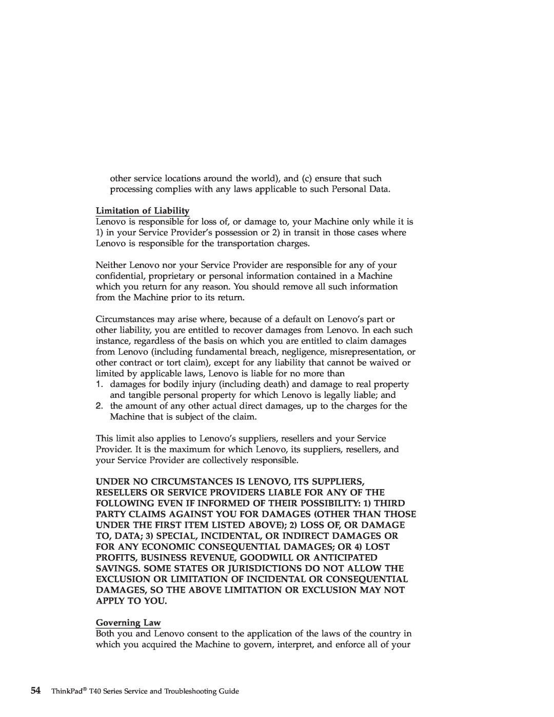 Lenovo T40 manual Limitation of Liability, Governing Law 