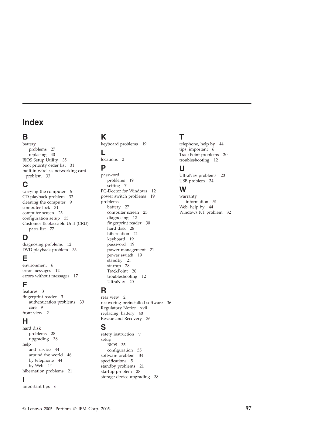 Lenovo T40 manual Index 