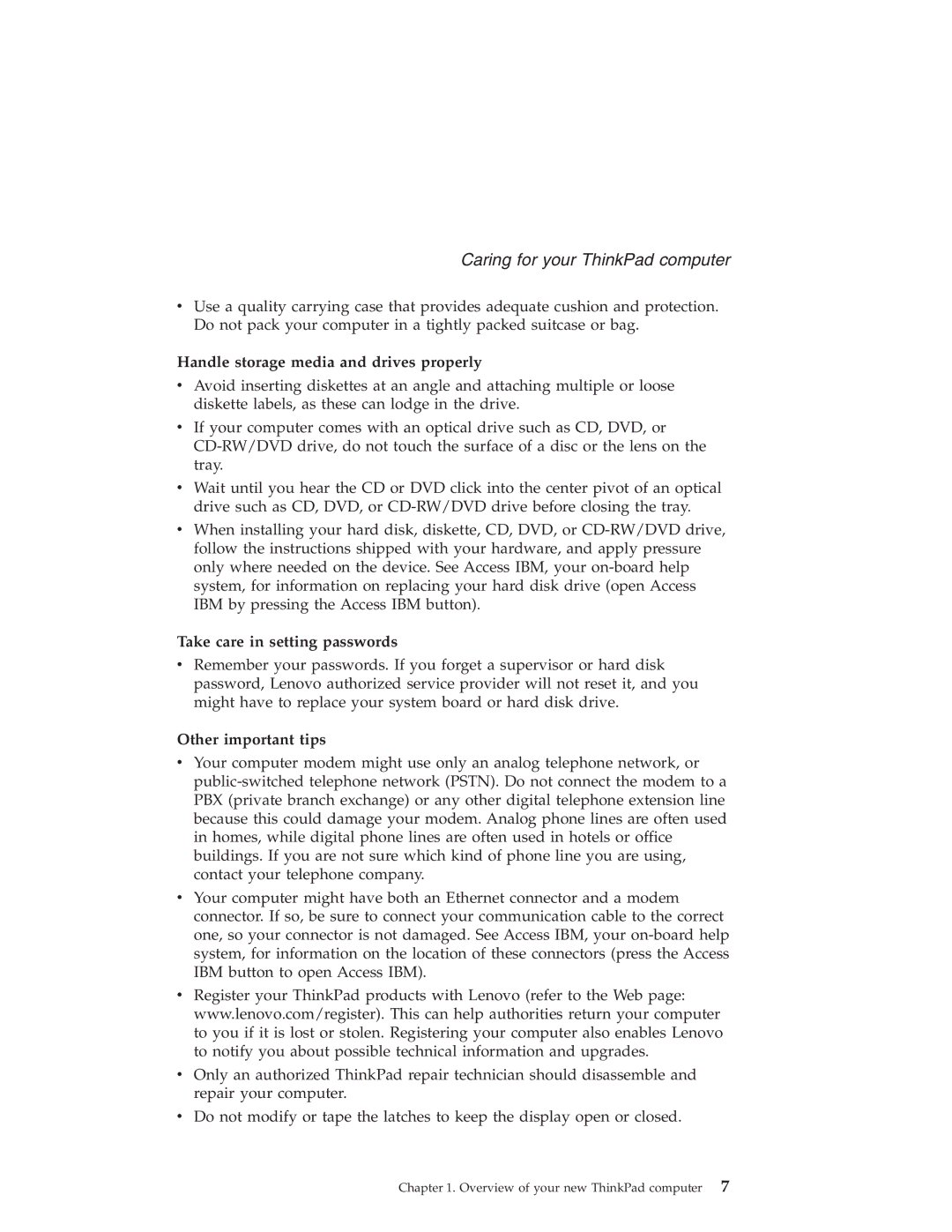Lenovo T40 manual Handle storage media and drives properly, Take care in setting passwords, Other important tips 