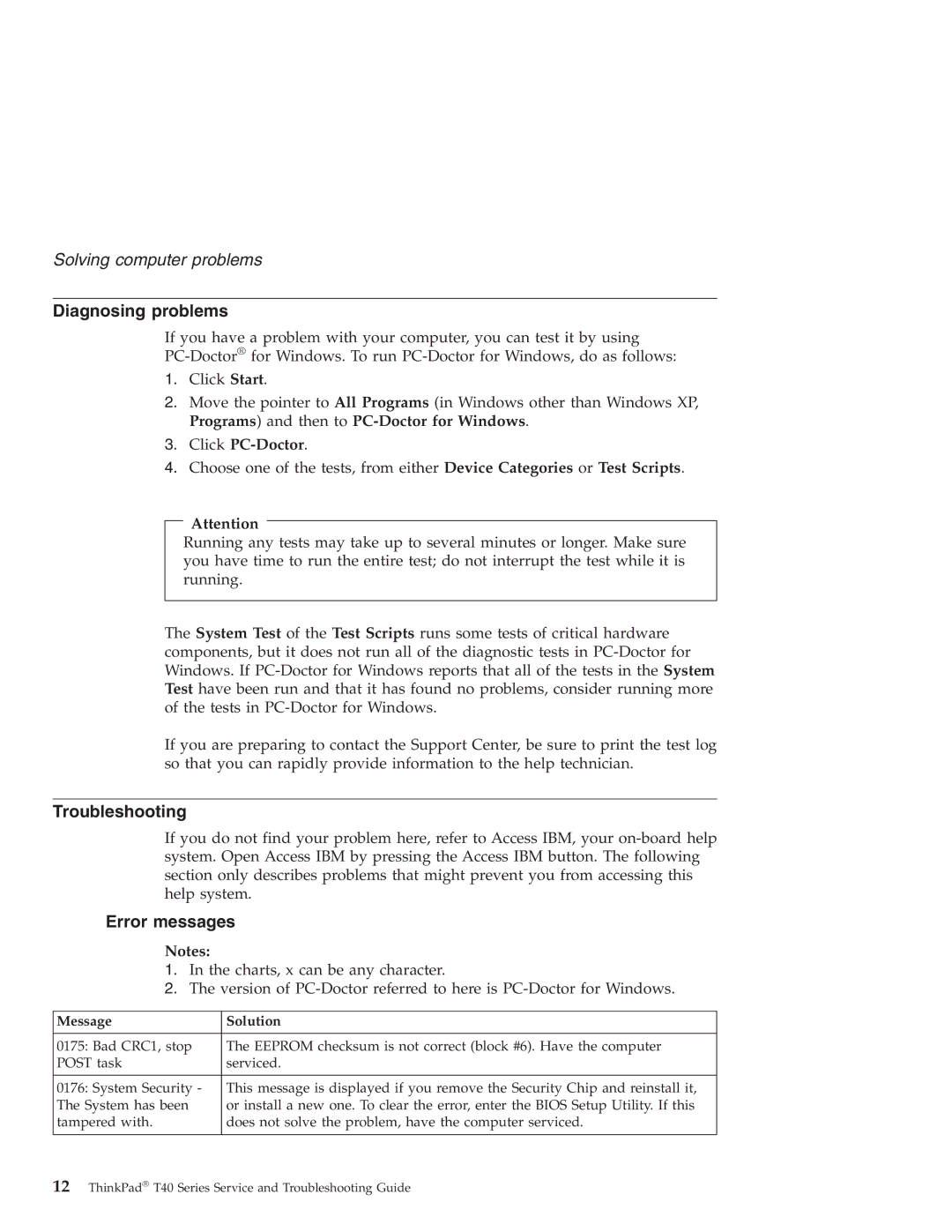 Lenovo T40 manual Diagnosing problems, Troubleshooting, Error messages, Click PC-Doctor 