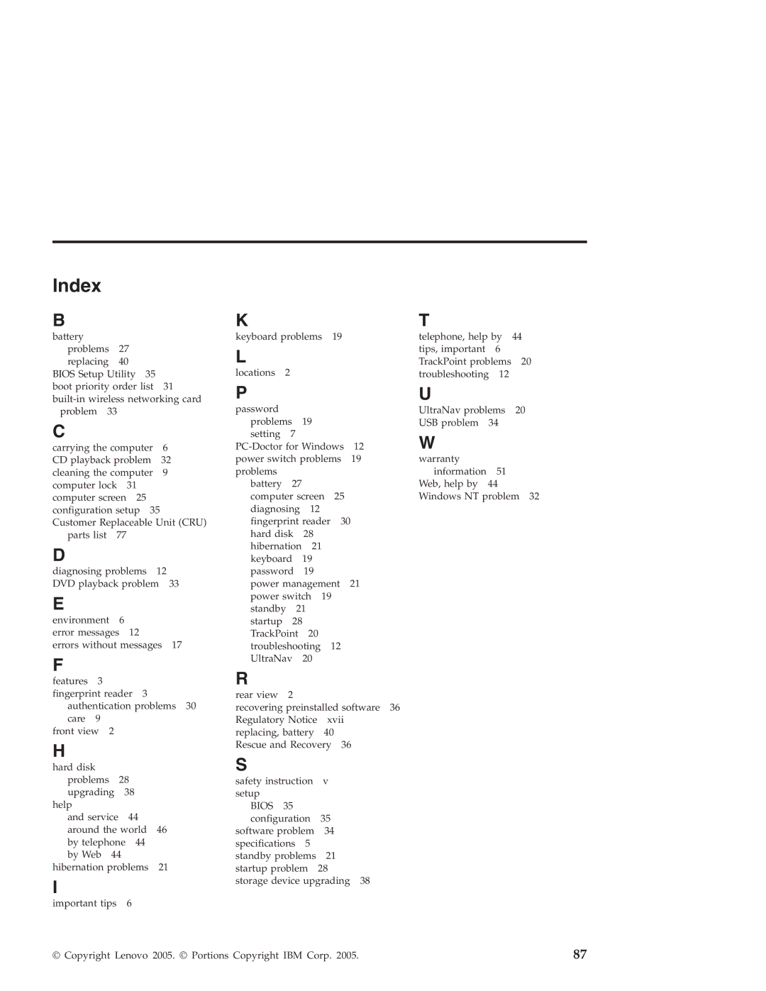 Lenovo T40 manual Index 