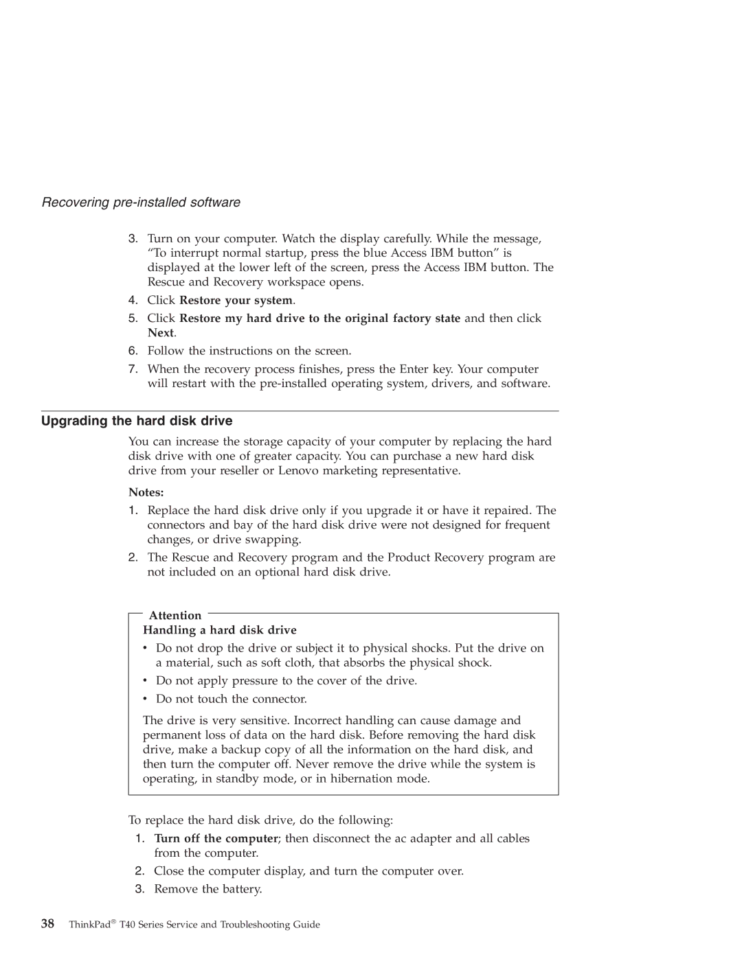 Lenovo T40 manual Upgrading the hard disk drive, Handling a hard disk drive 