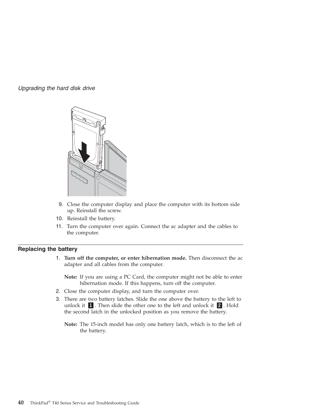 Lenovo T40 manual Replacing the battery 