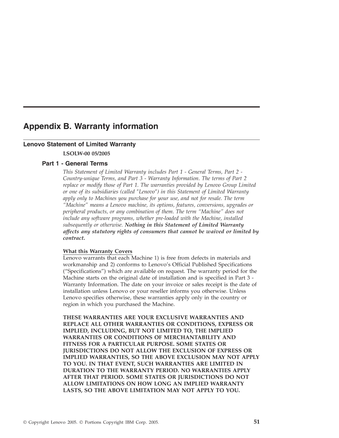 Lenovo T40 Appendix B. Warranty information, Lenovo Statement of Limited Warranty, Part 1 General Terms, LSOLW-00 05/2005 