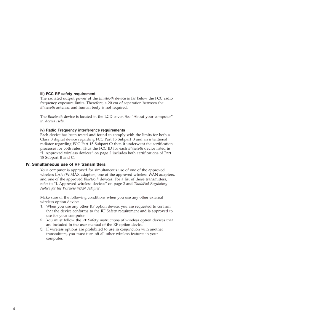 Lenovo T400, T500 manual IV. Simultaneous use of RF transmitters, Iii FCC RF safety requirement 