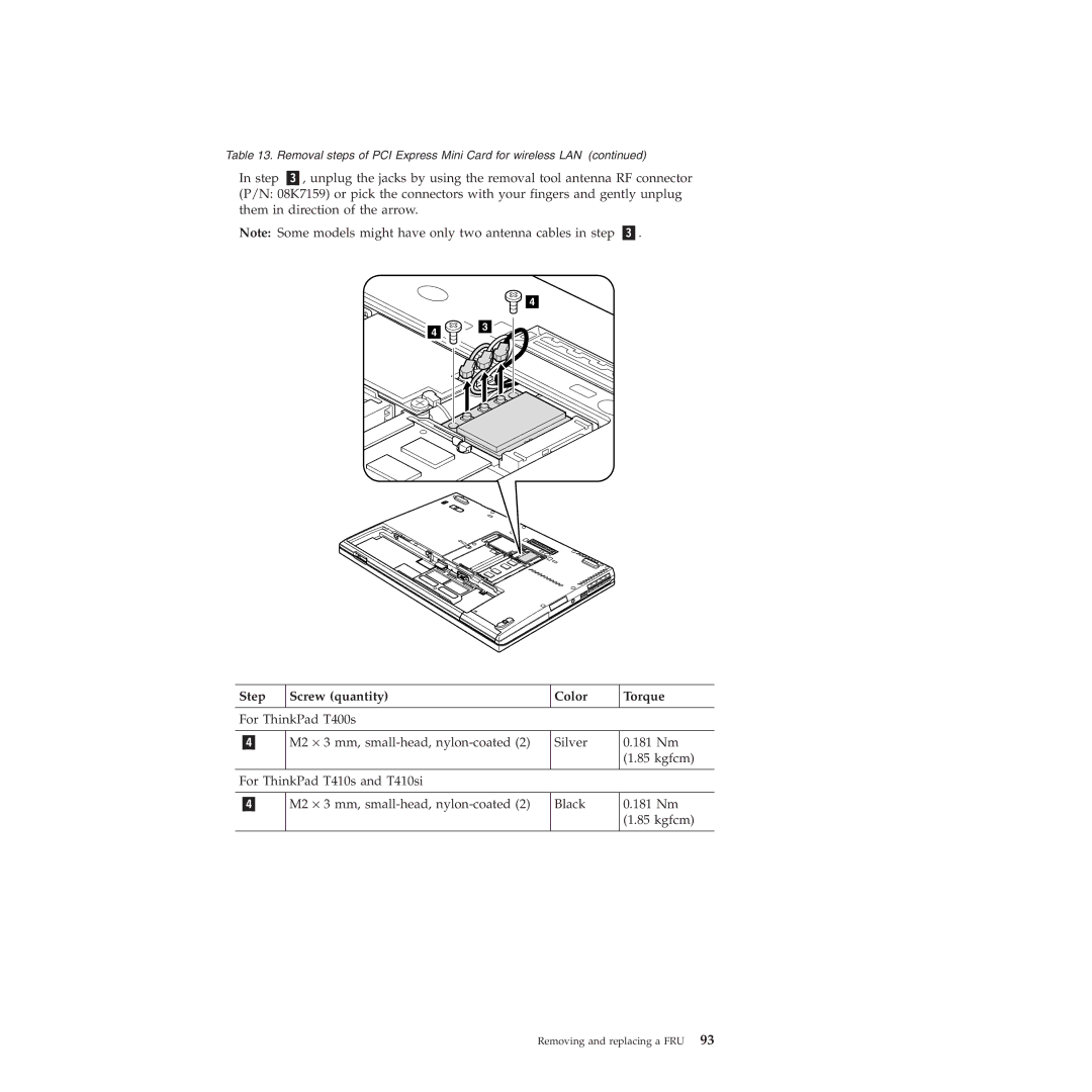 Lenovo T410SI, T400S manual Step Screw quantity Color Torque 