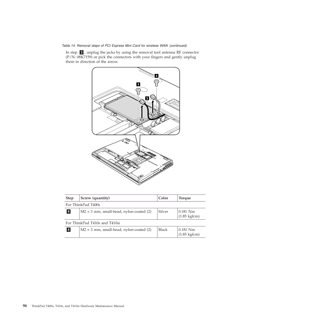 Lenovo T400S, T410SI manual Step Screw quantity Color Torque 